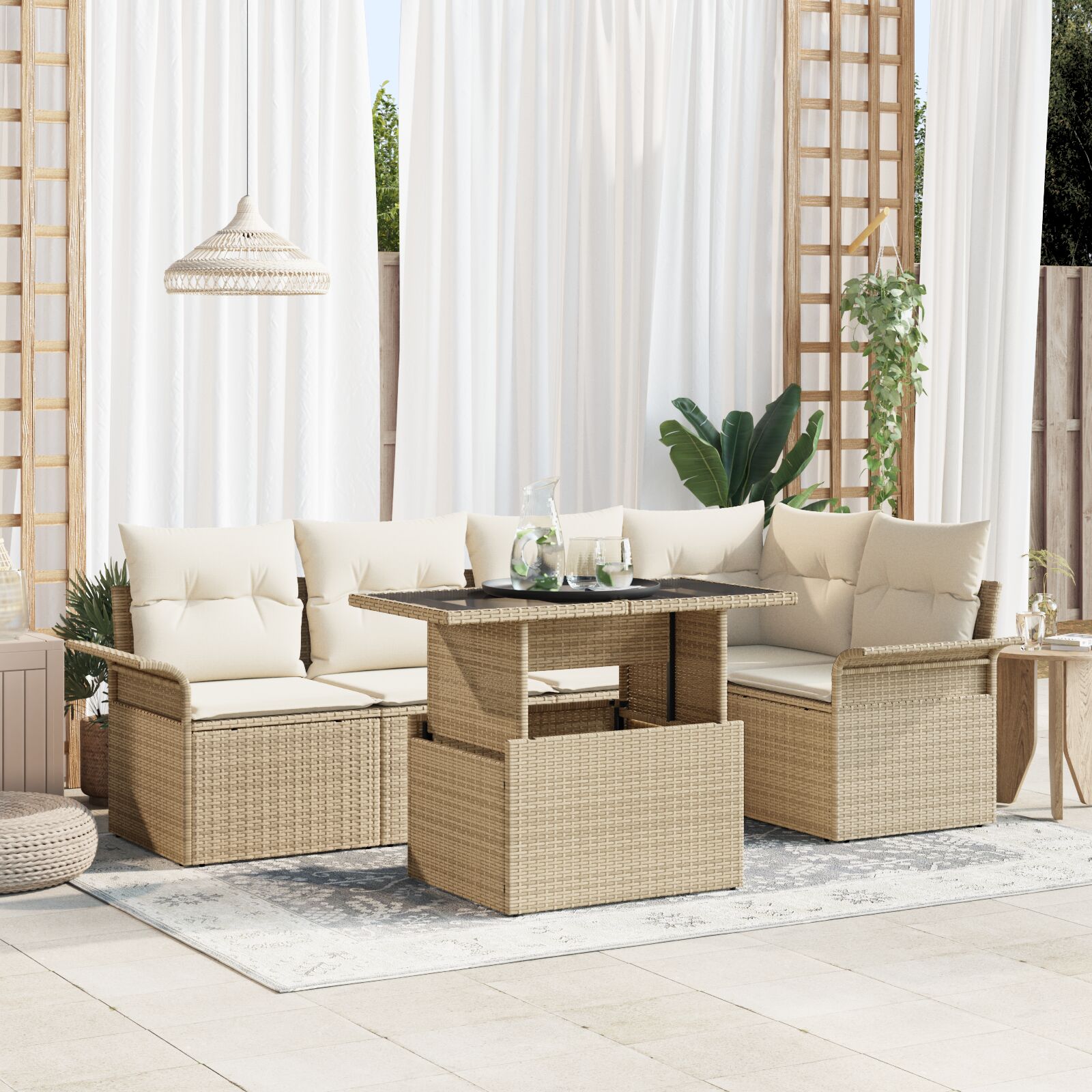 6-teiliges Garten Sofa Set mit Kissen Beige Poly Rattan