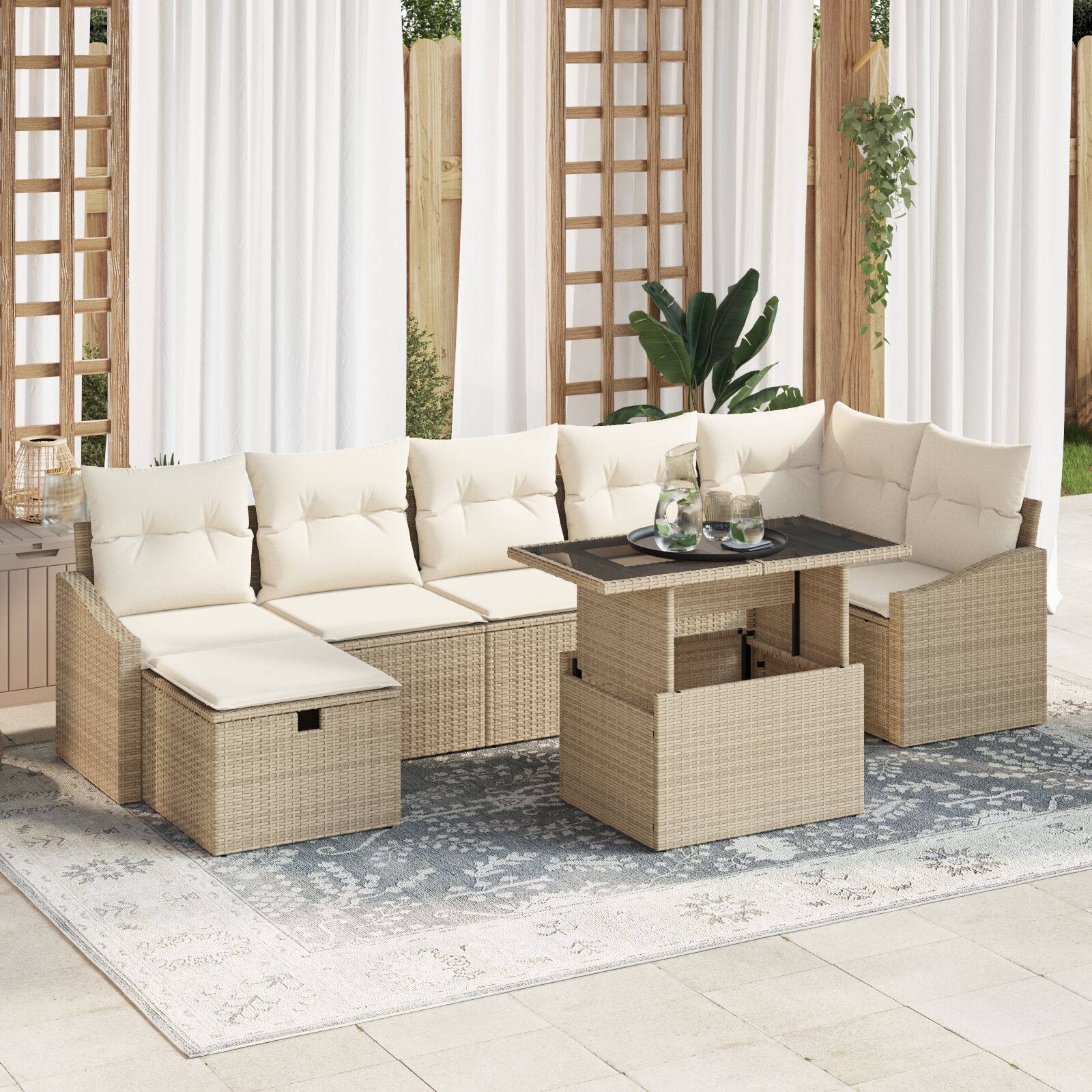8-teiliges Garten Sofa Set mit Kissen Beige Poly Rattan