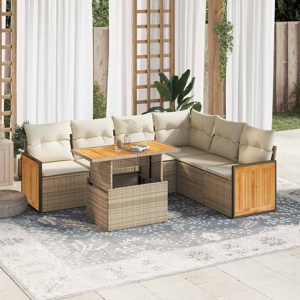 7-tlg. Garten-Sofagarnitur mit Kissen Beige Poly Rattan Akazie 7-tlg. Garten-Sofagarnitur mit Kissen Beige Poly Rattan Akazie