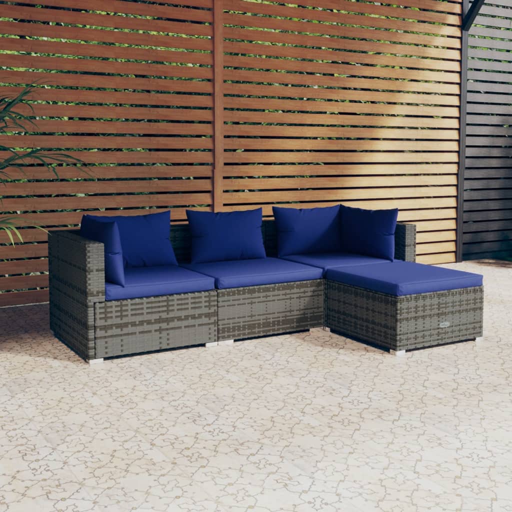 4-tlg. Garten-Lounge-Set mit Kissen Poly Rattan Grau 4-tlg. Garten-Lounge-Set mit Kissen Poly Rattan Grau