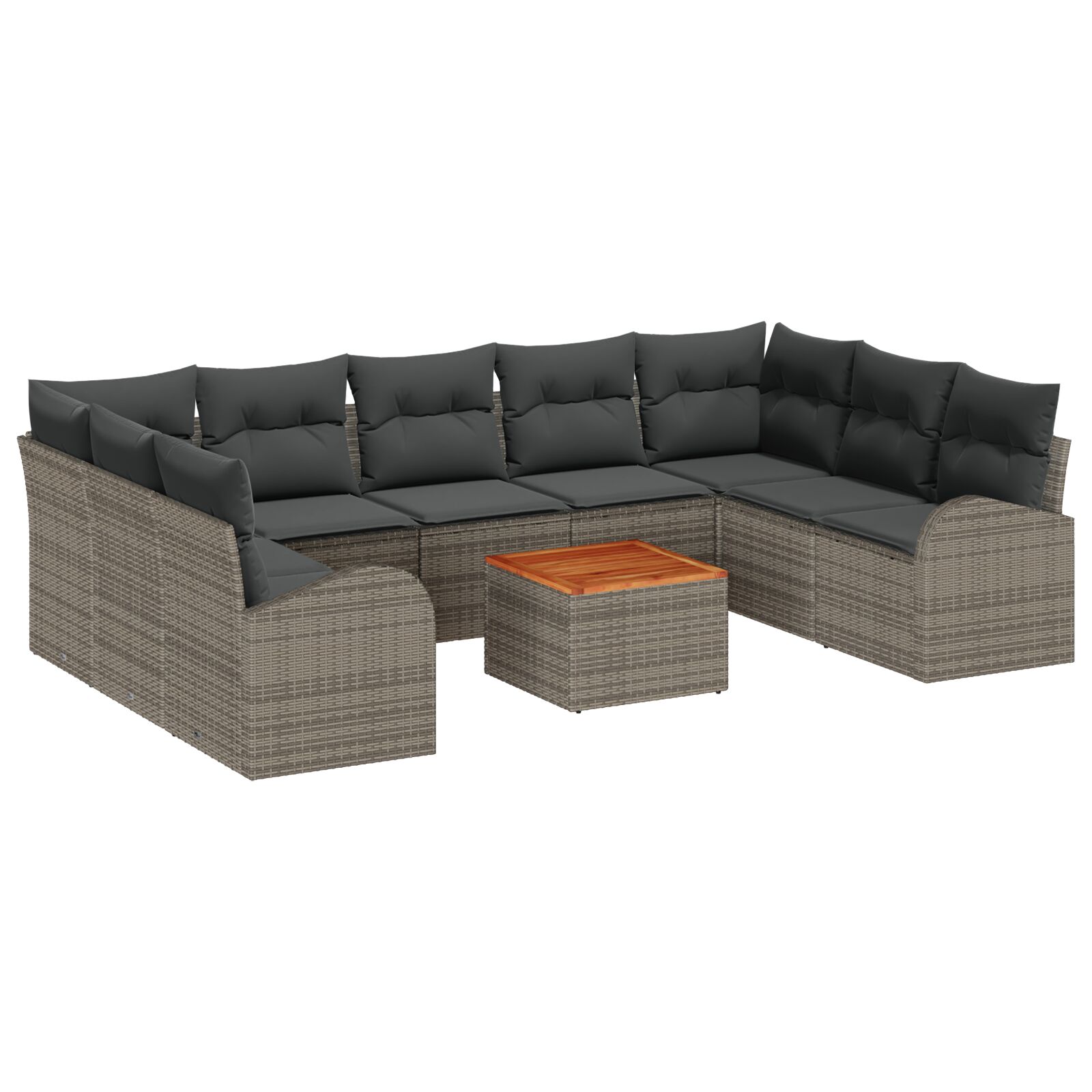 10-teiliges Garten Sofa Set mit Kissen Grau Poly Rattan Akazie, 2-Sitzer Garten Sofa mit Stauraum und Kissen Grau Poly Rattan
