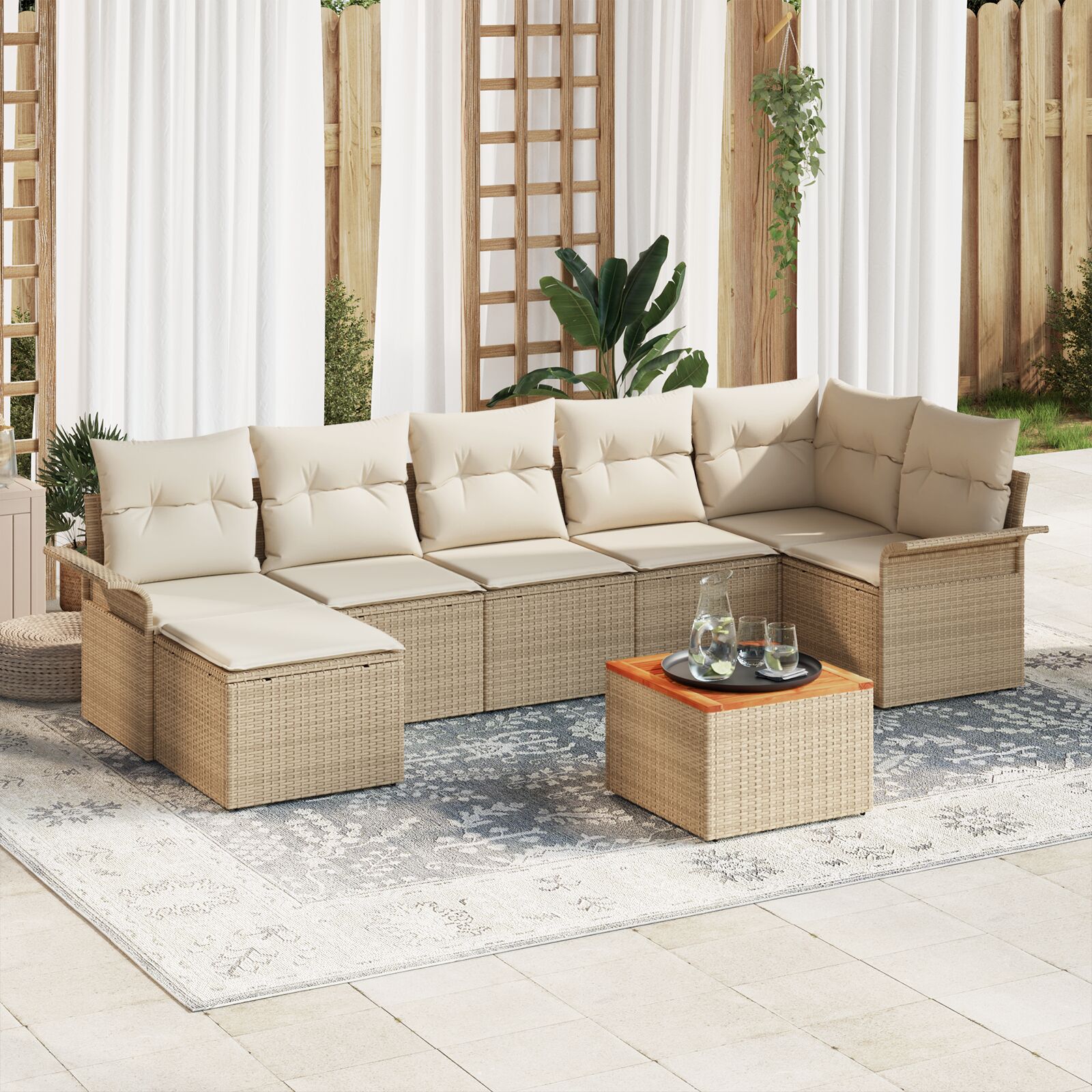 8-teiliges Garten-Sofa-Set mit Kissen Beige Poly-Rattan Akazie 8-teiliges Garten-Sofa-Set mit Kissen Beige Poly-Rattan Akazie