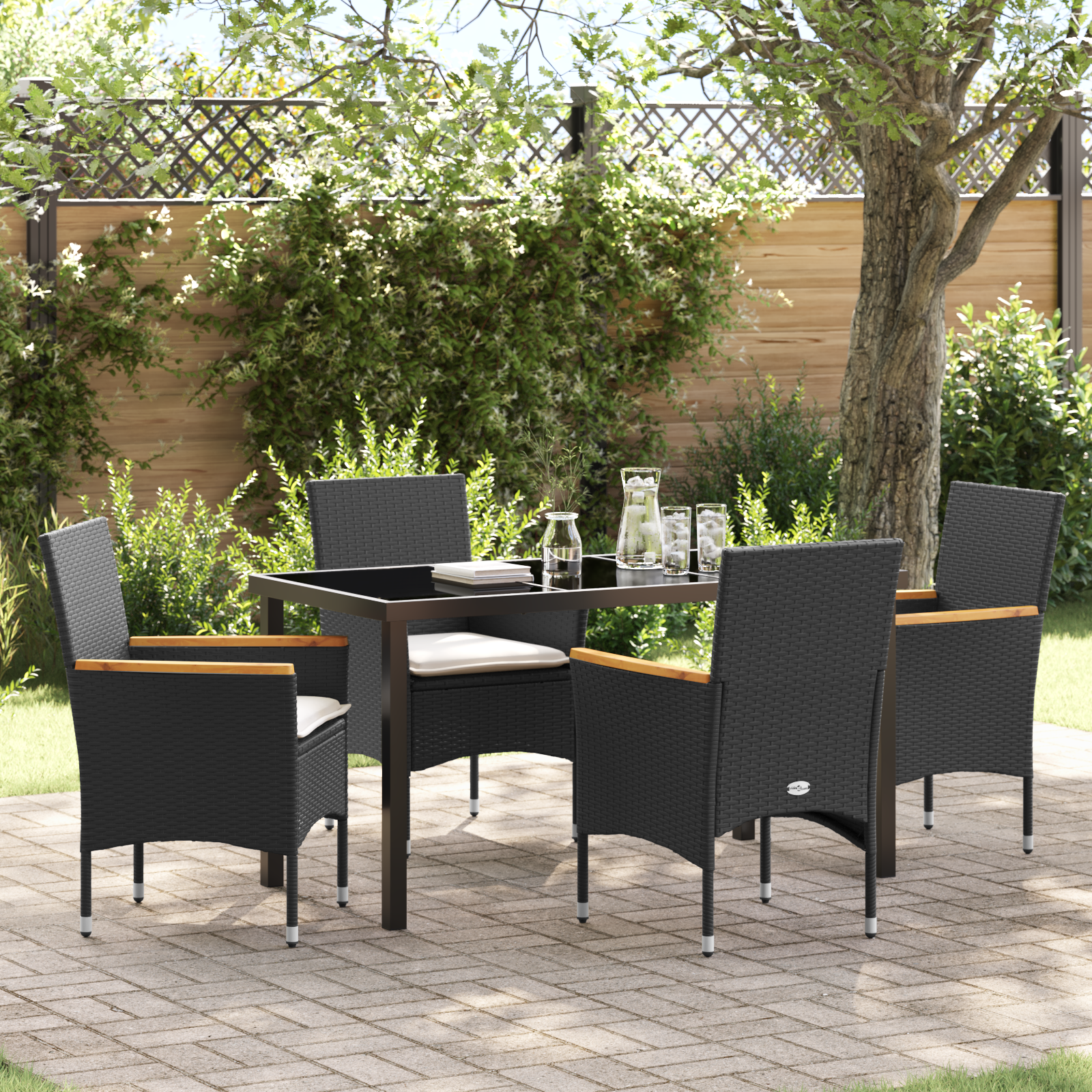 5-teilige Garten-Essgruppe mit Kissen Schwarz Rattan 5-teilige Garten-Essgruppe mit Kissen Schwarz Rattan