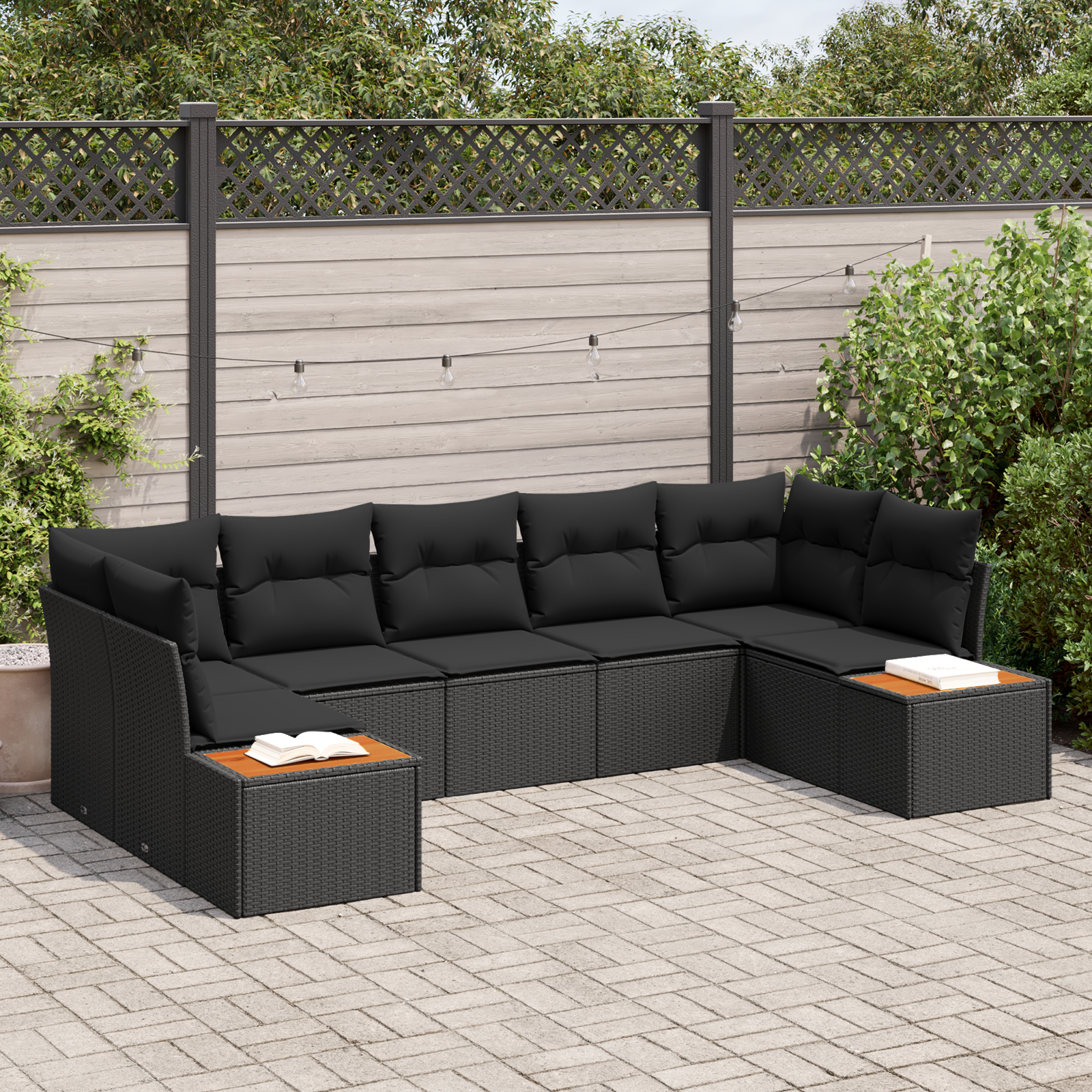 7-teiliges Garten-Sofa-Set mit Kissen Schwarz Poly Rattan Akazie 7-teiliges Garten-Sofa-Set mit Kissen Schwarz Poly Rattan Akazie