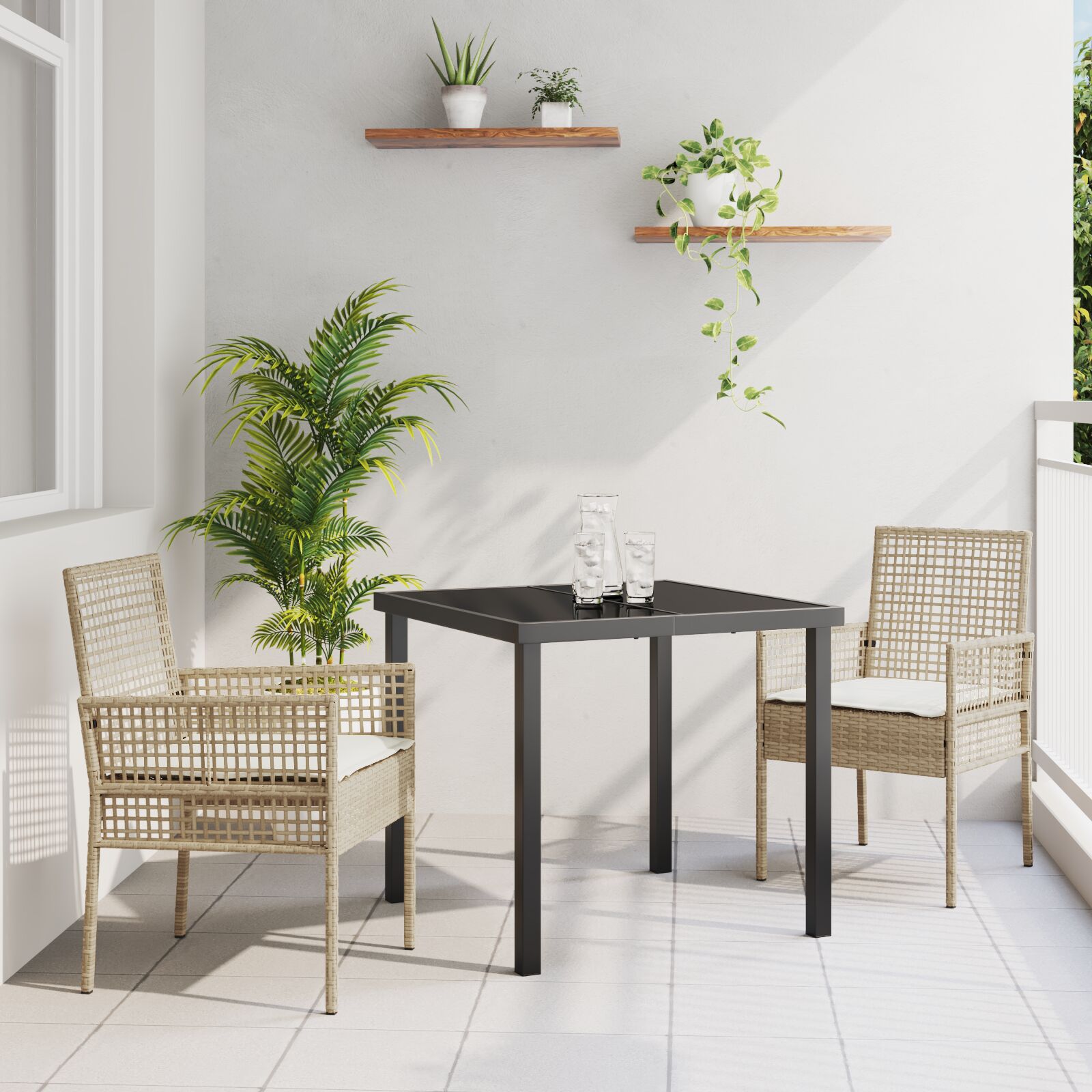 3-teiliges Garten Esszimmer Set mit Kissen Beige Poly Rattan 3-teiliges Garten Esszimmer Set mit Kissen Beige Poly Rattan