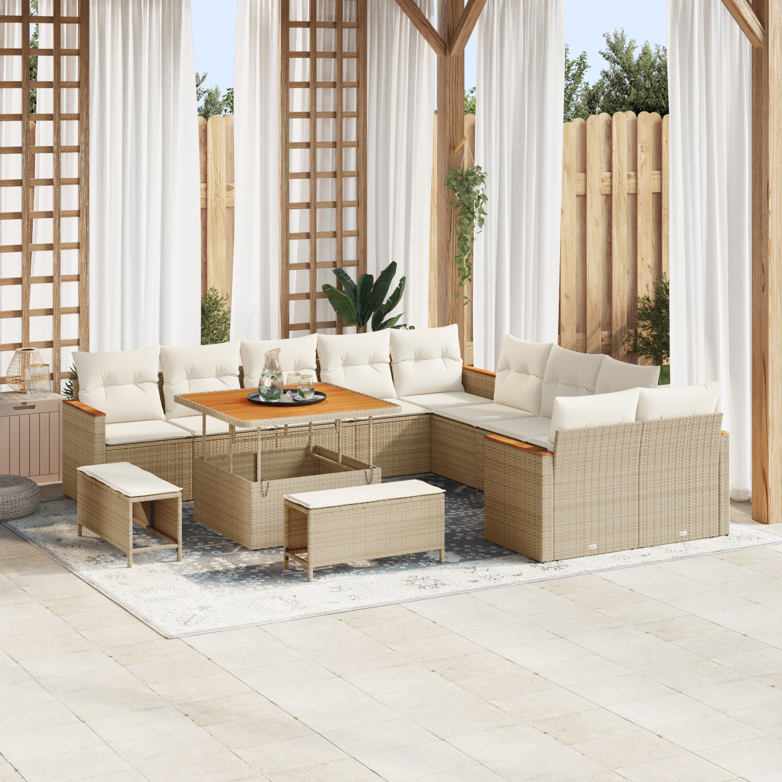 13-teiliges Garten Sofa Set mit Kissen Beige Poly Rattan Akazie 13-teiliges Garten Sofa Set mit Kissen Beige Poly Rattan Akazie