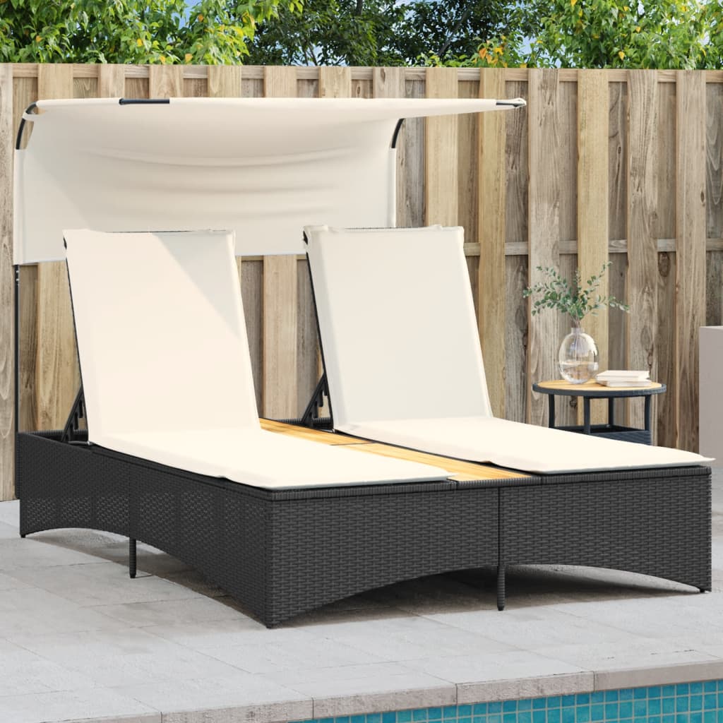 Doppel-Sonnenliege mit Dach und Auflagen Schwarz Poly Rattan Doppel-Sonnenliege mit Dach und Auflagen Schwarz Poly Rattan