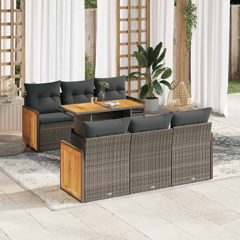 7-tlg. Garten-Sofagarnitur mit Kissen Grau Poly Rattan Akazie 7-tlg. Garten-Sofagarnitur mit Kissen Grau Poly Rattan Akazie