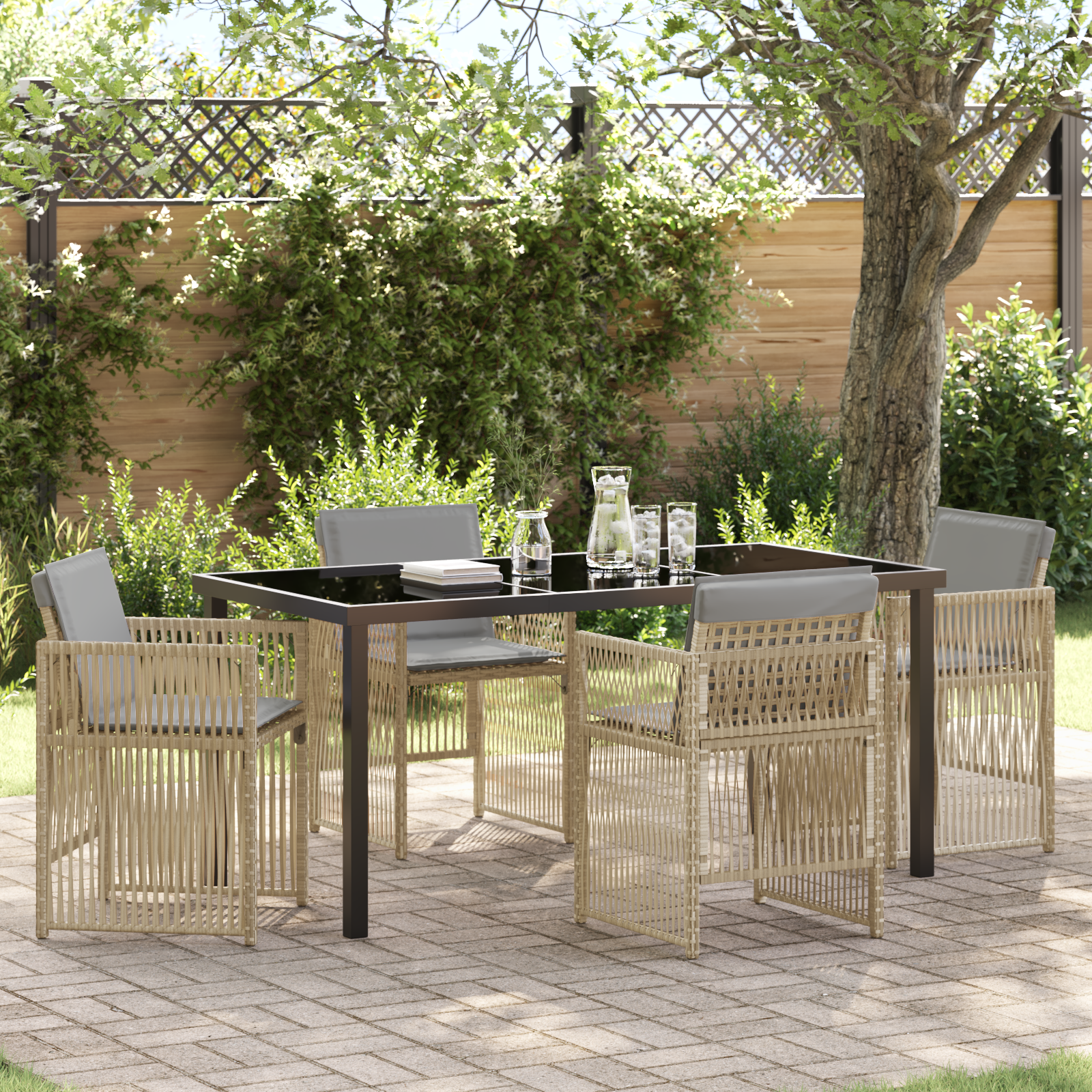 5-teiliges Garten Esstisch Set mit Kissen Beige Poly Rattan