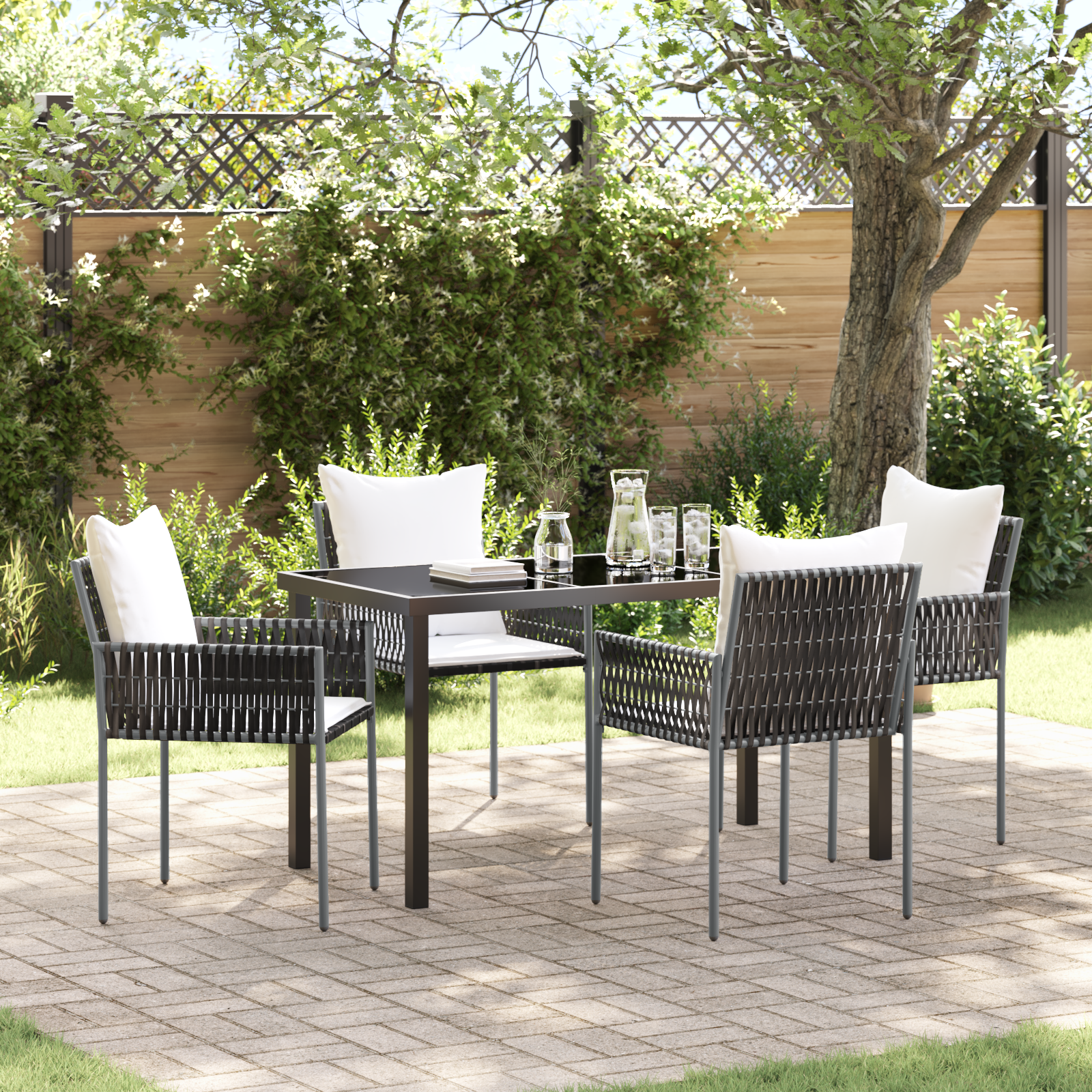 5-teiliges braunes Garten Essenset mit Kissen aus Poly-Rattan 5-teiliges braunes Garten Essenset mit Kissen aus Poly-Rattan