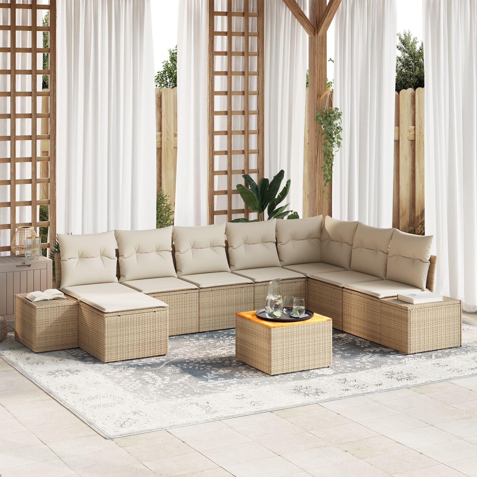 9-teiliges Garten-Sofa-Set mit Kissen Beige Poly Rattan Akazie