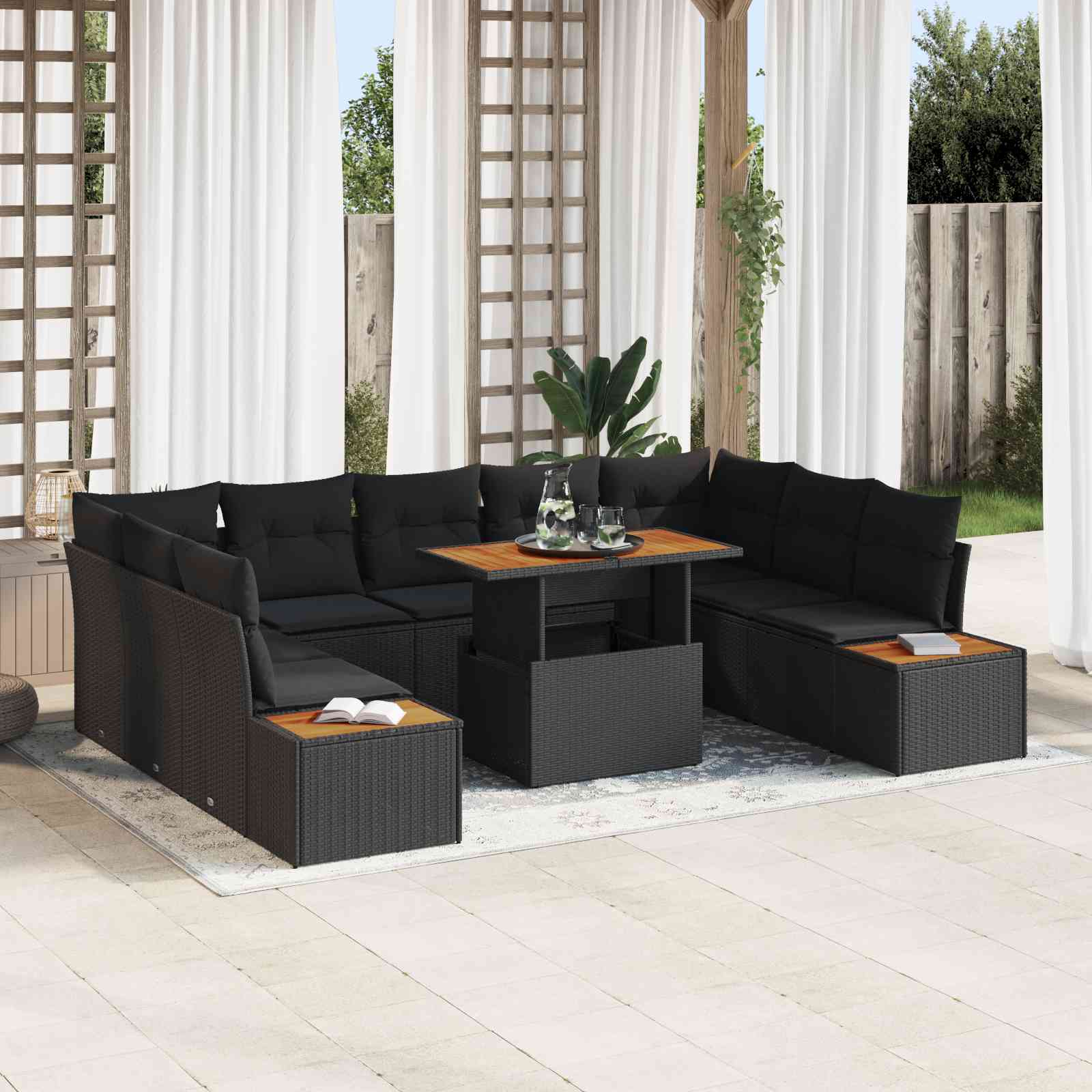 10-teiliges Garten Essgruppe mit Kissen Schwarz Poly Rattan Akazie 10-teiliges Garten Essgruppe mit Kissen Schwarz Poly Rattan Akazie