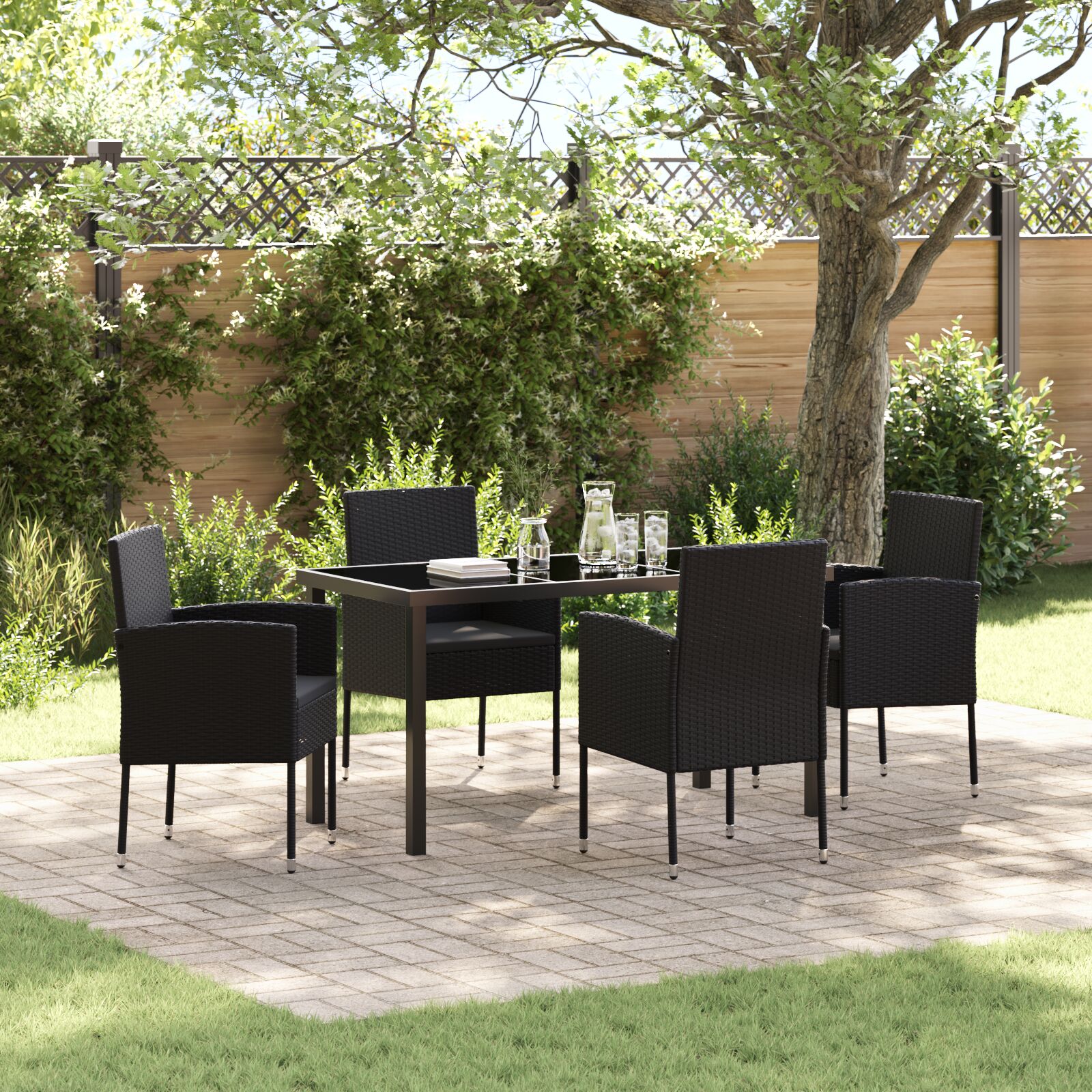 5-teiliges Garten-Essset mit Kissen Schwarzes Poly-Rattan