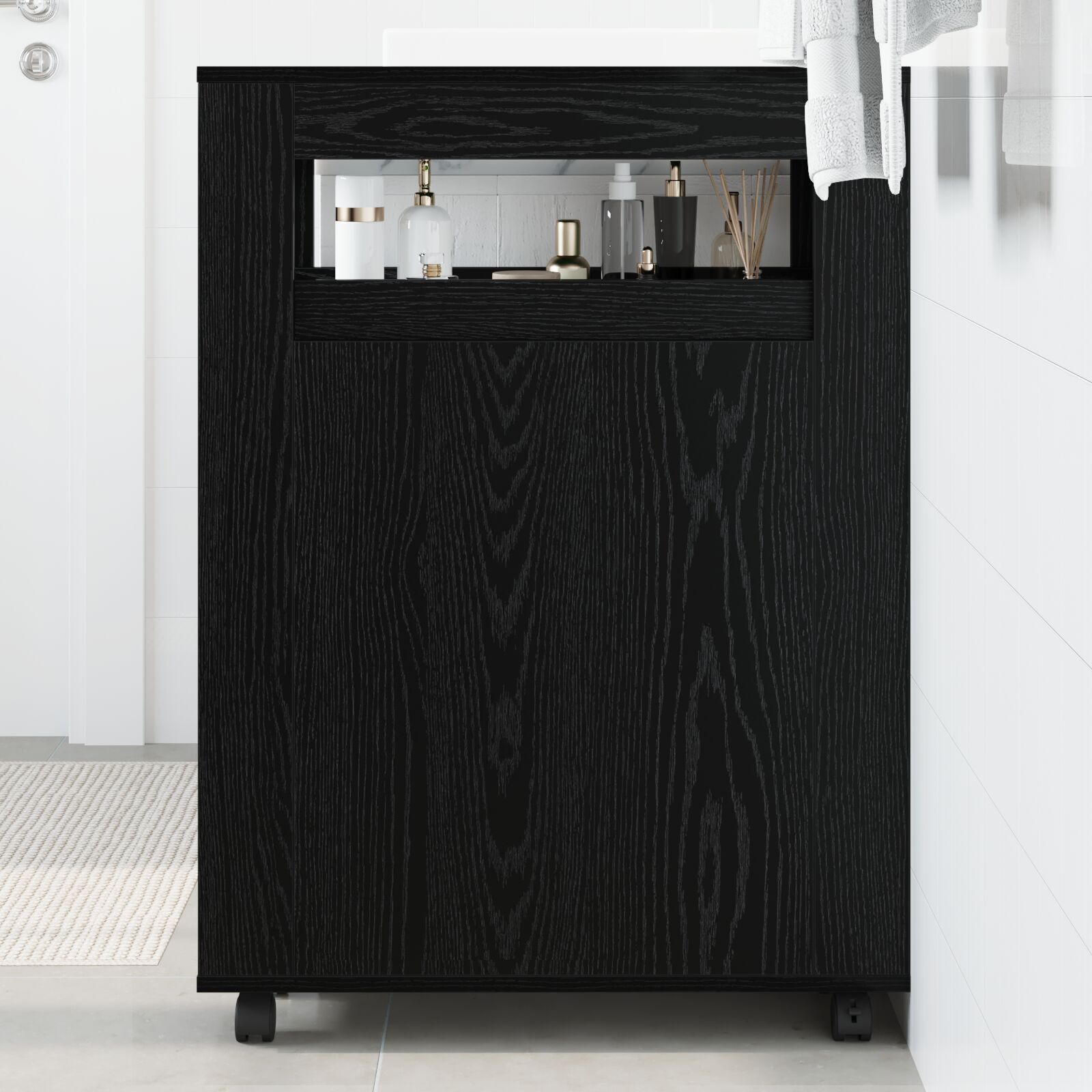Schmaler Badezimmer Schrank mit Rädern Schwarz Holz Spanplatte