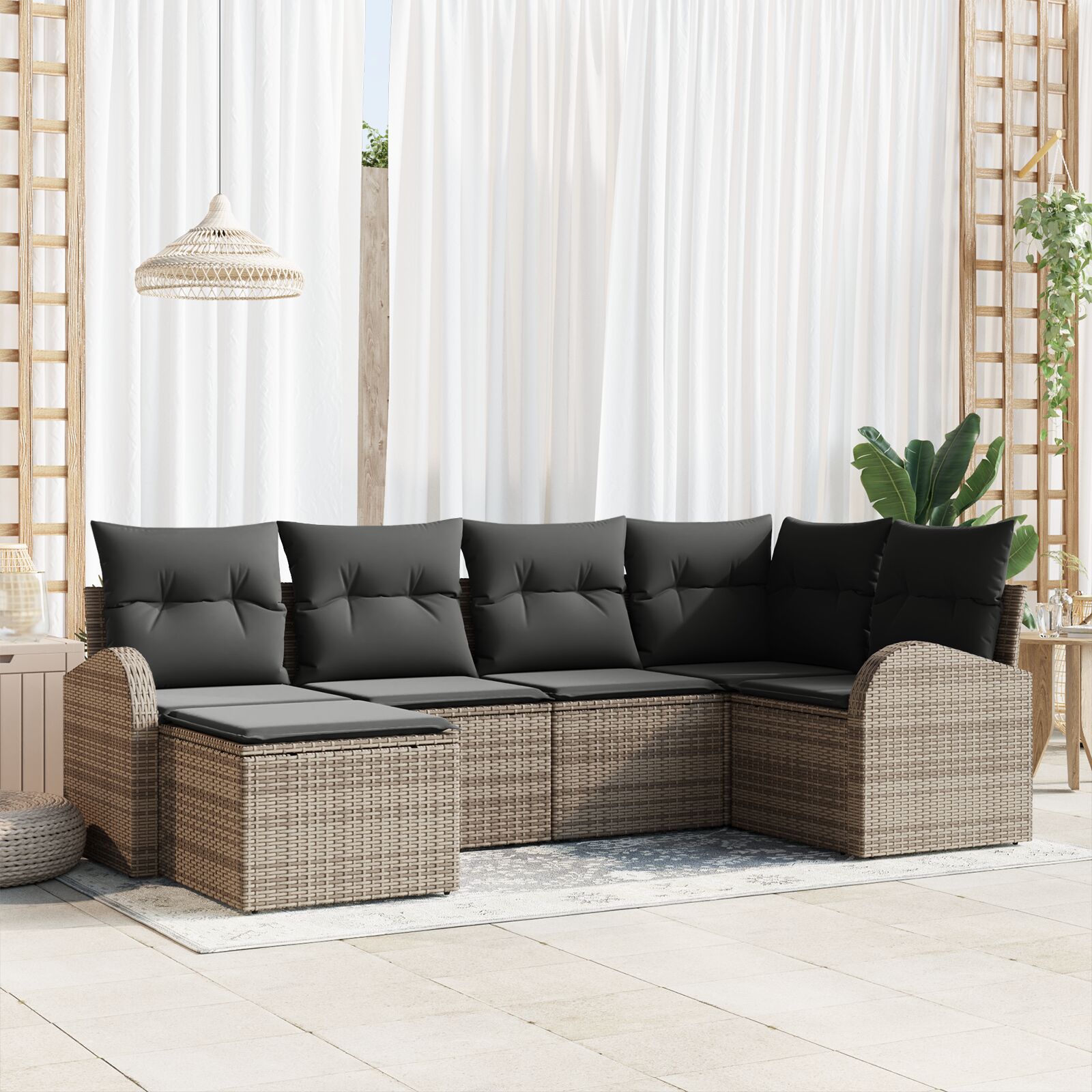 6-teiliges Garten-Sofa-Set mit Kissen in Grau aus Poly-Rattan