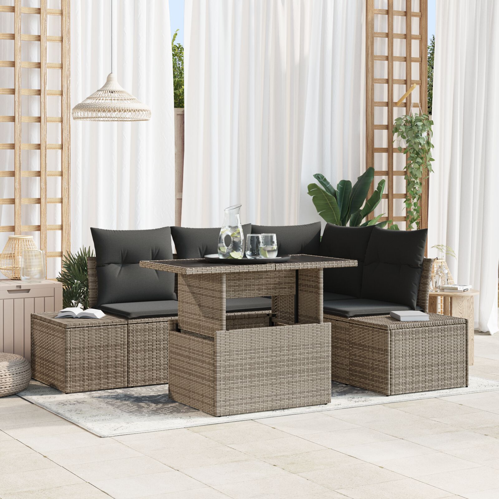 5-teiliges Gartensofa Set mit Kissen Grau Poly Rattan 5-teiliges Gartensofa Set mit Kissen Grau Poly Rattan