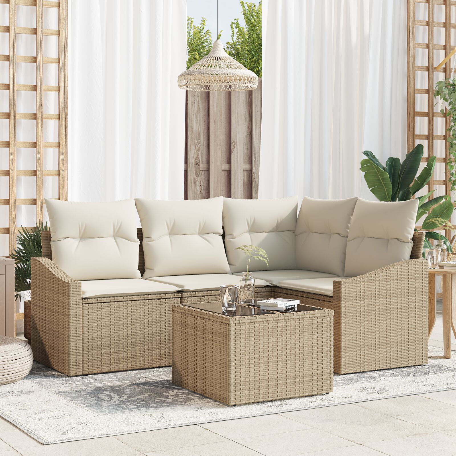 5-teiliges Garten-Sofa-Set mit Kissen in Braun aus Poly Rattan 5-teiliges Garten-Sofa-Set mit Kissen in Braun aus Poly Rattan