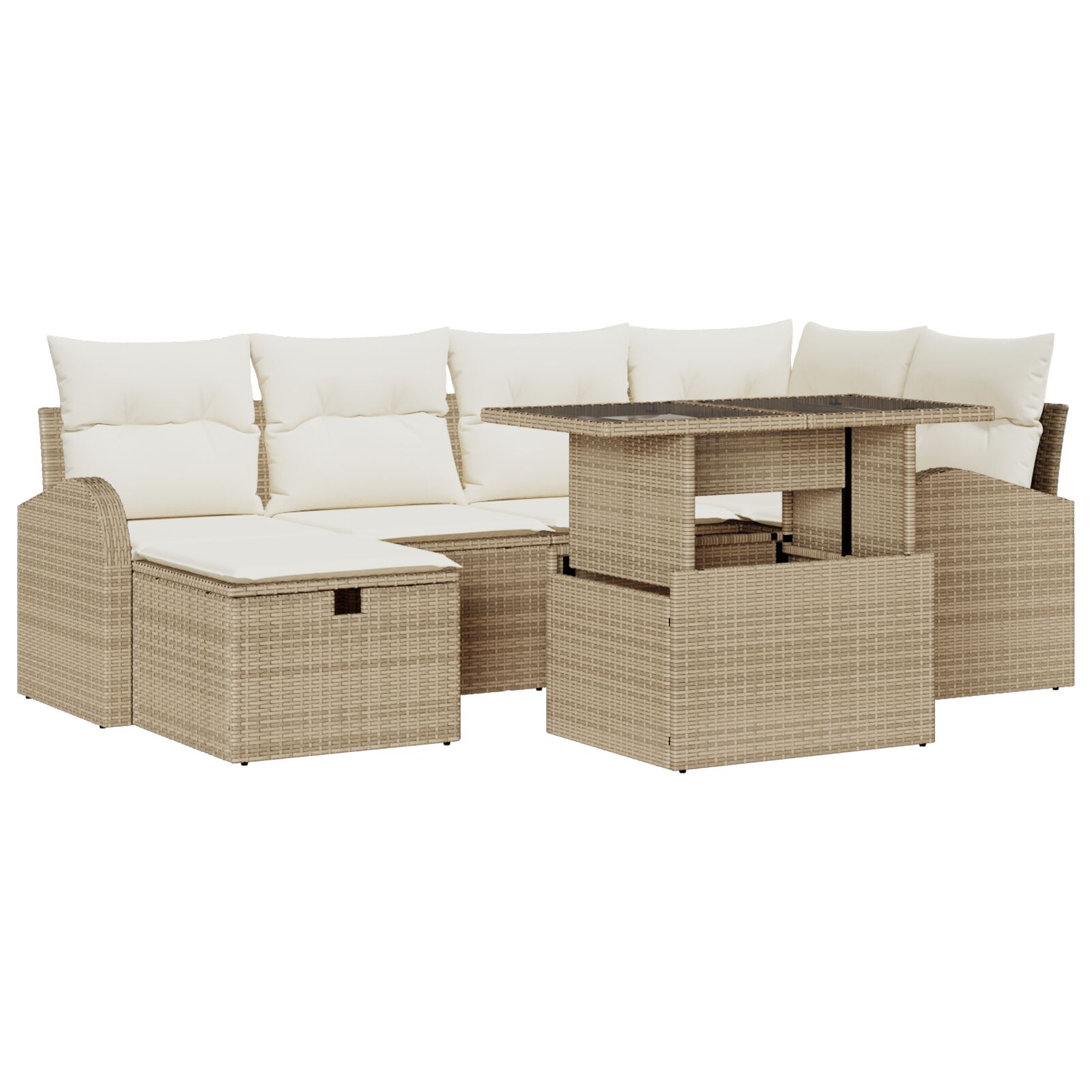 7-teiliges Garten-Sofa-Set mit Kissen Beige Poly-Rattan, 2-Sitzer Garten-Sofa mit Stauraum & Kissen Beige Poly-Rattan 7-teiliges Garten-Sofa-Set mit Kissen Beige Poly-Rattan, 2-Sitzer Garten-Sofa mit Stauraum & Kissen Beige Poly-Rattan