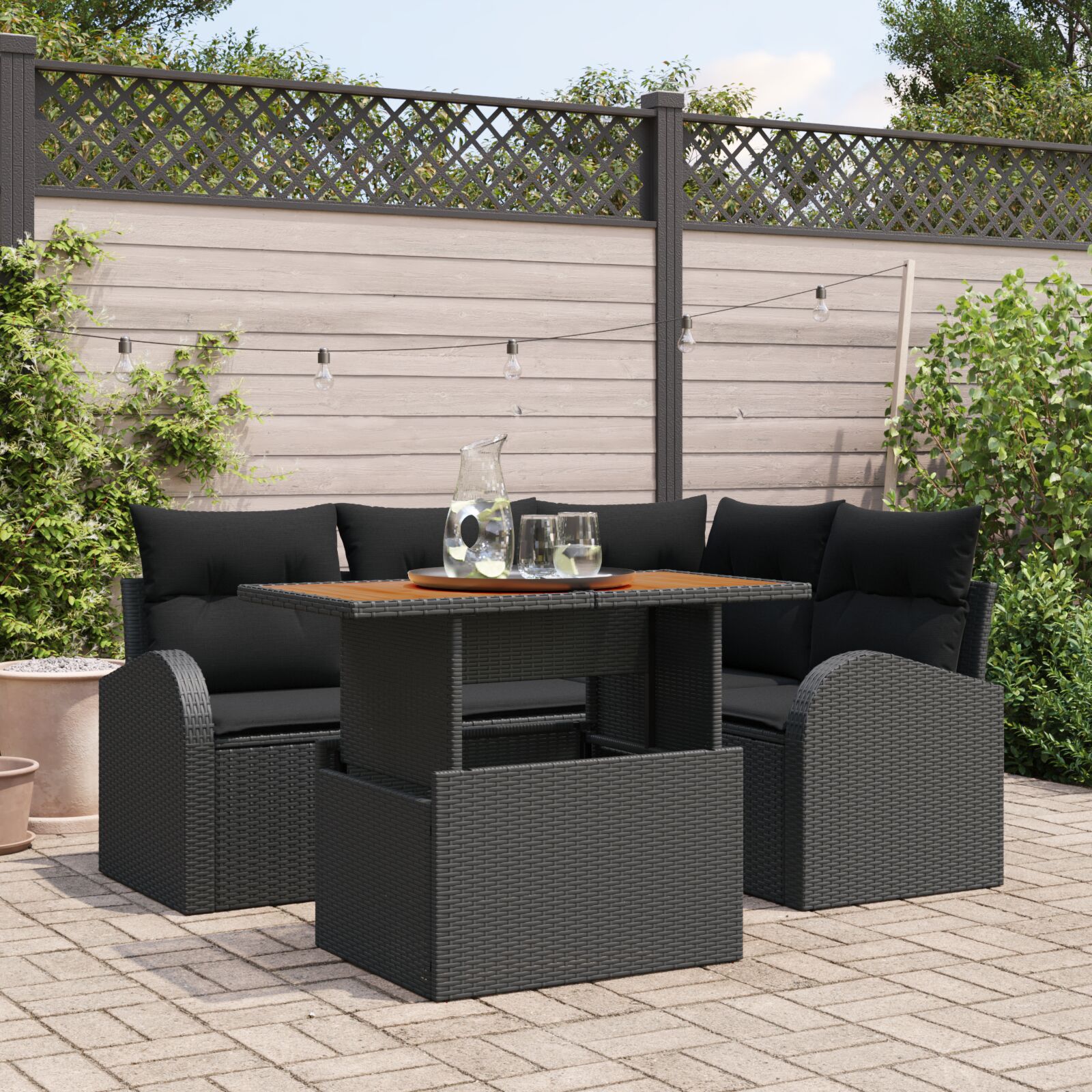 5-teiliges Garten-Essensemble mit Kissen Schwarz Poly-Rattan Akazie