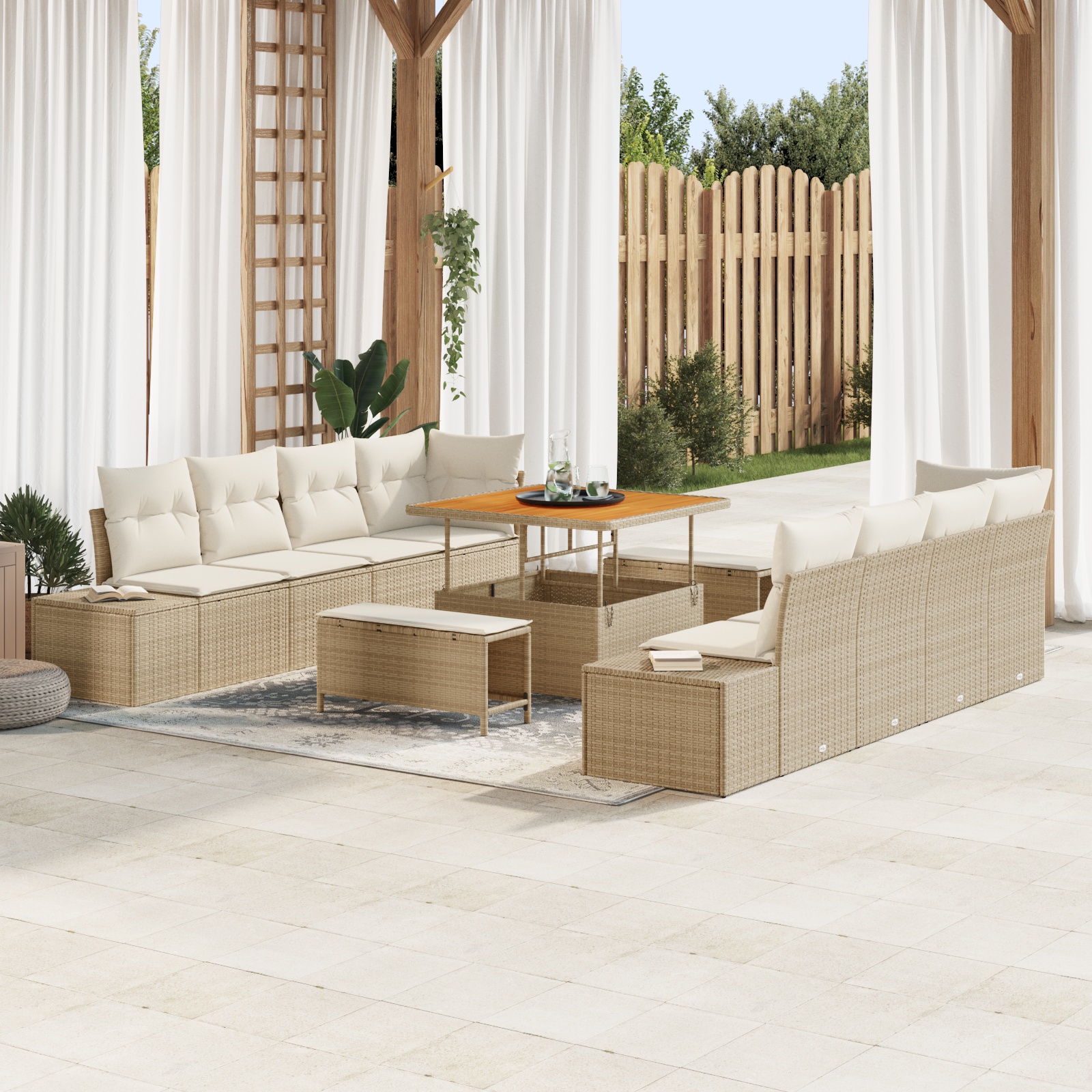 11-teiliges Garten-Sofa-Set mit Kissen Beige Poly Rattan Akazie 11-teiliges Garten-Sofa-Set mit Kissen Beige Poly Rattan Akazie