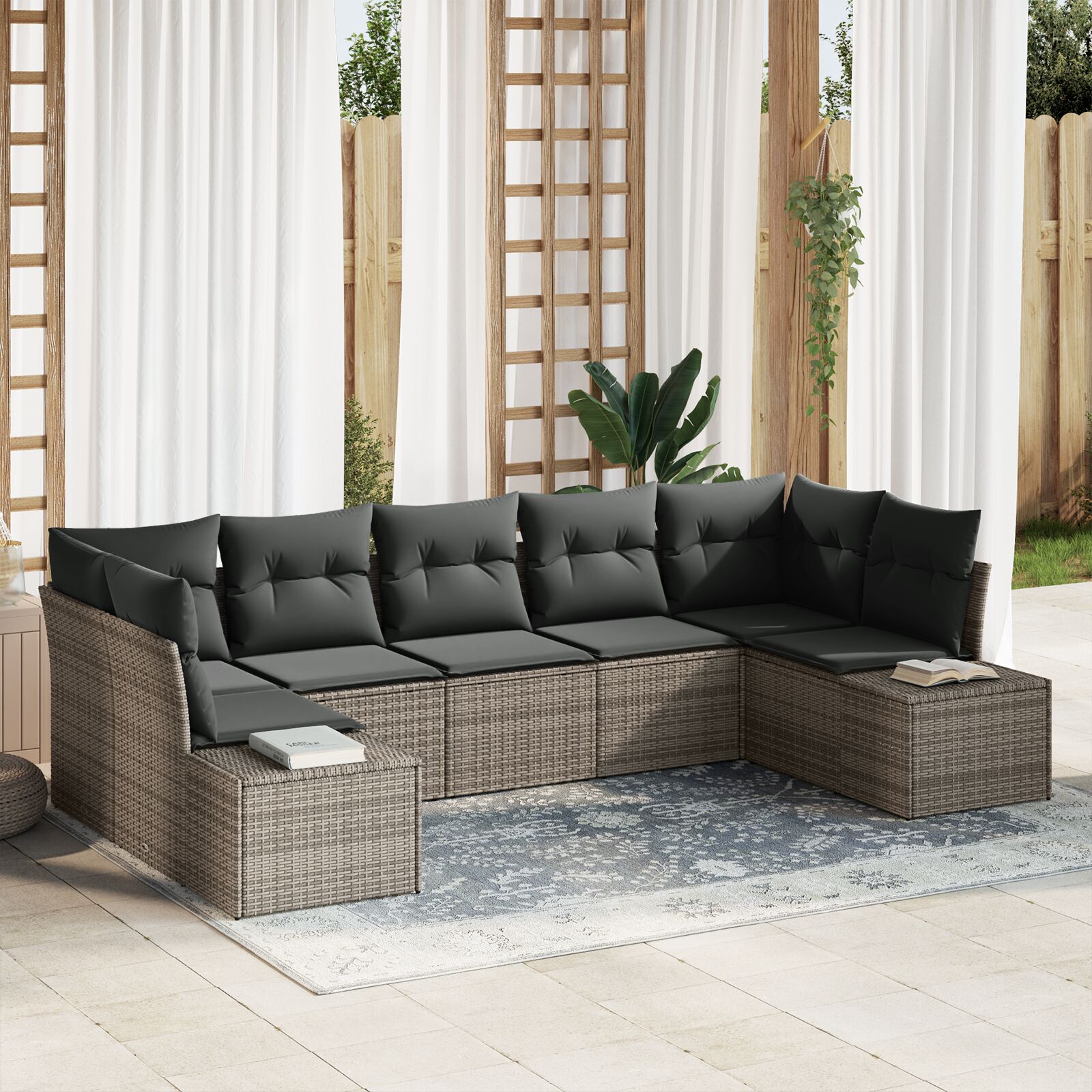 7-teiliges Garten Sofa Set mit Kissen Grau Poly Rattan