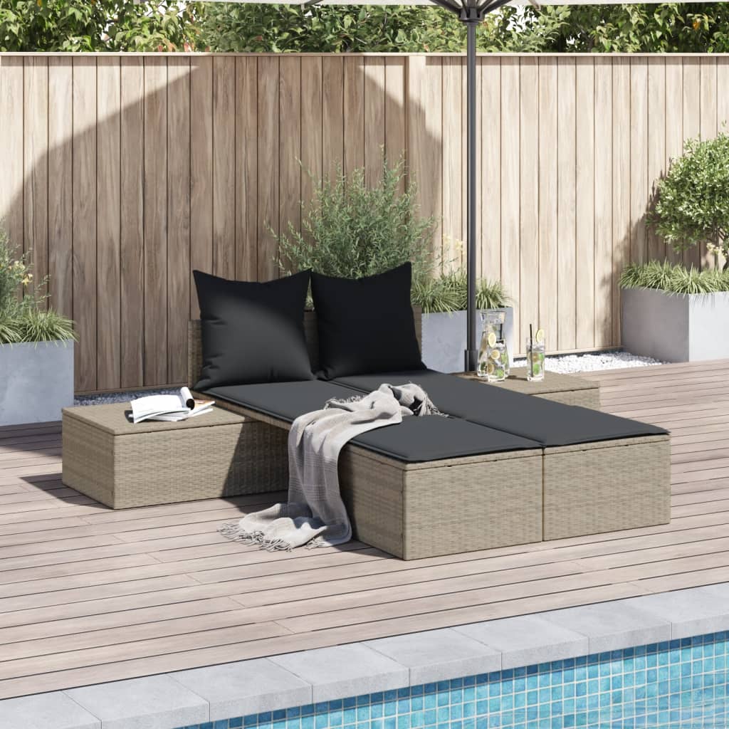 Doppel-Sonnenliege mit Kissen Hellgrau Poly Rattan Doppel-Sonnenliege mit Kissen Hellgrau Poly Rattan