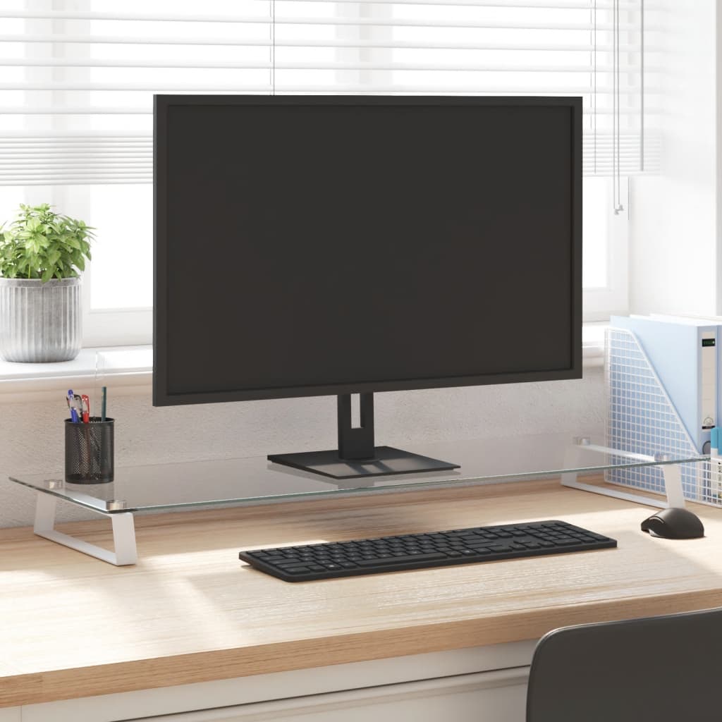 Monitorständer Weiß 100x35x8 cm Hartglas und Metall Monitorständer Weiß 100x35x8 cm Hartglas und Metall
