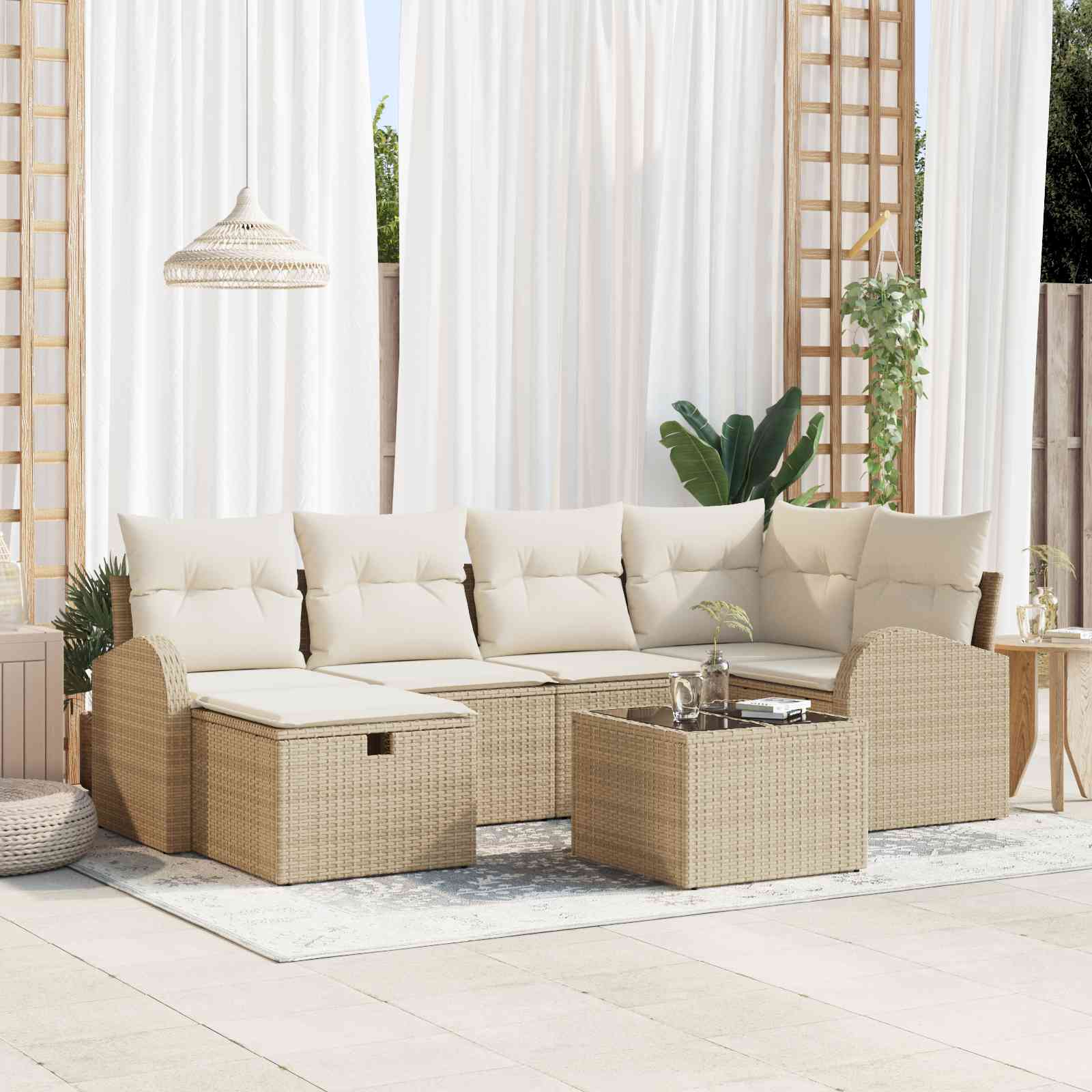 7-teiliges Garten Sofa Set mit Kissen Beige Poly Rattan 7-teiliges Garten Sofa Set mit Kissen Beige Poly Rattan
