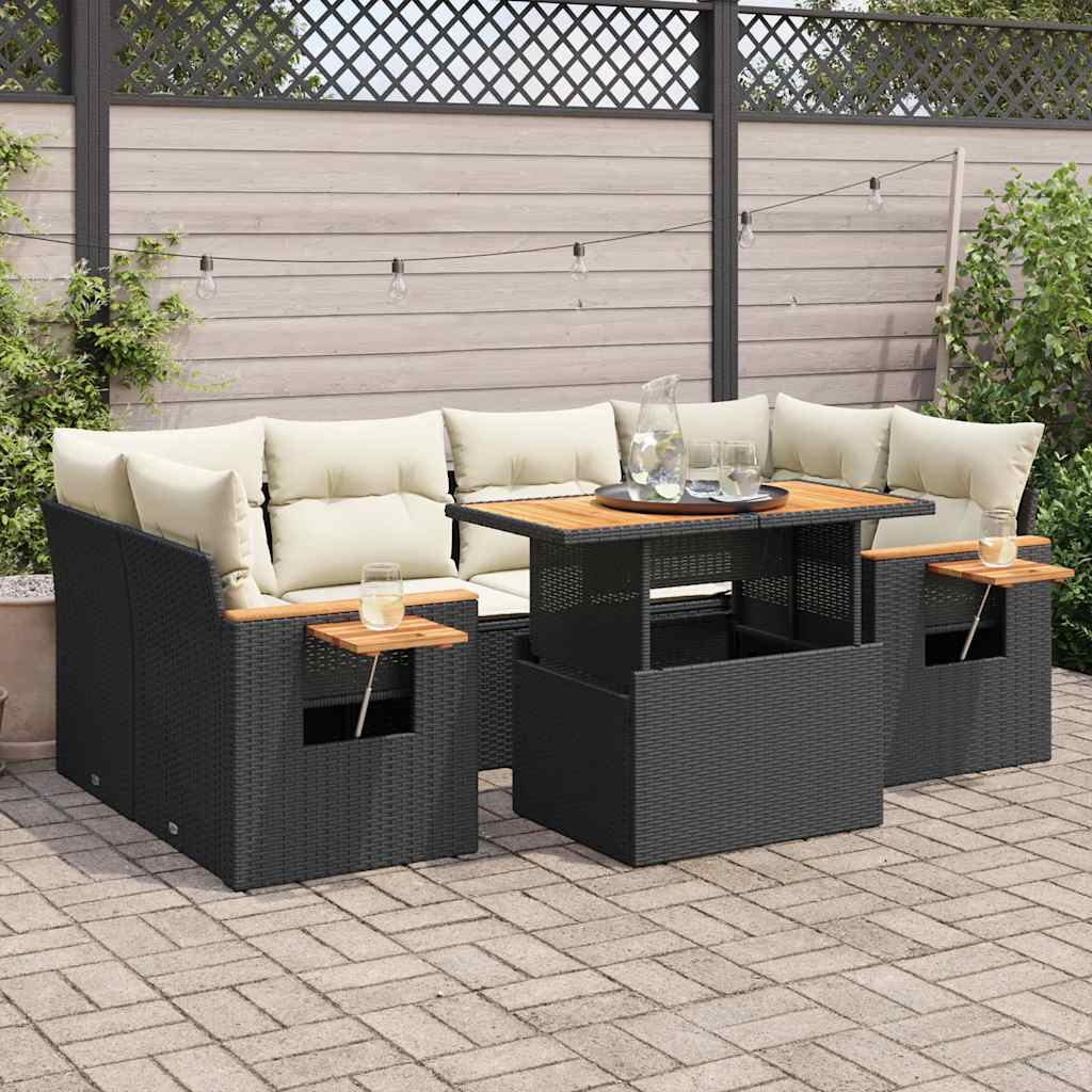 7-tlg. Garten-Sofagarnitur mit Kissen Schwarz Poly Rattan 7-tlg. Garten-Sofagarnitur mit Kissen Schwarz Poly Rattan