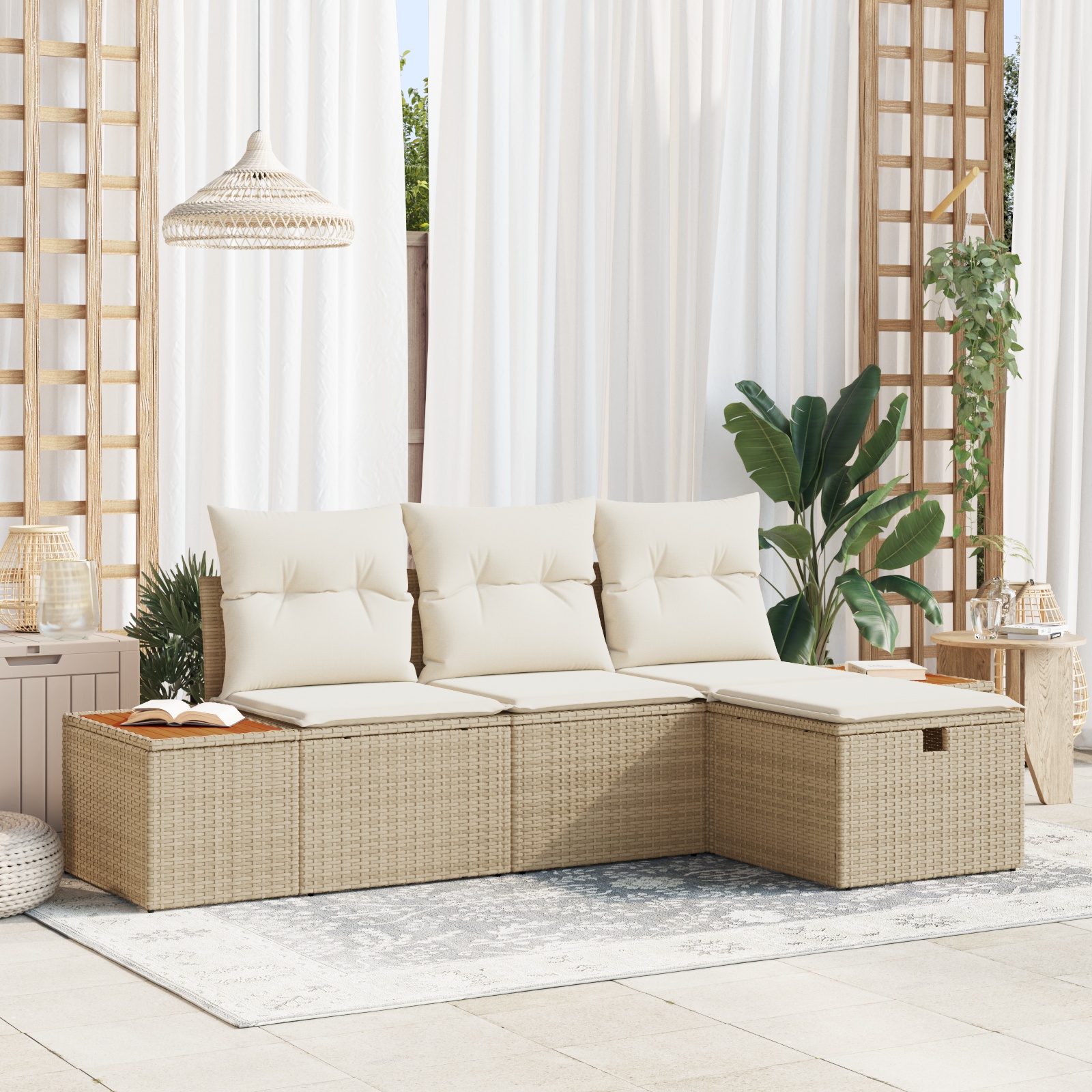 4-teiliges Garten-Sofa-Set mit Kissen Beige Poly Rattan 4-teiliges Garten-Sofa-Set mit Kissen Beige Poly Rattan