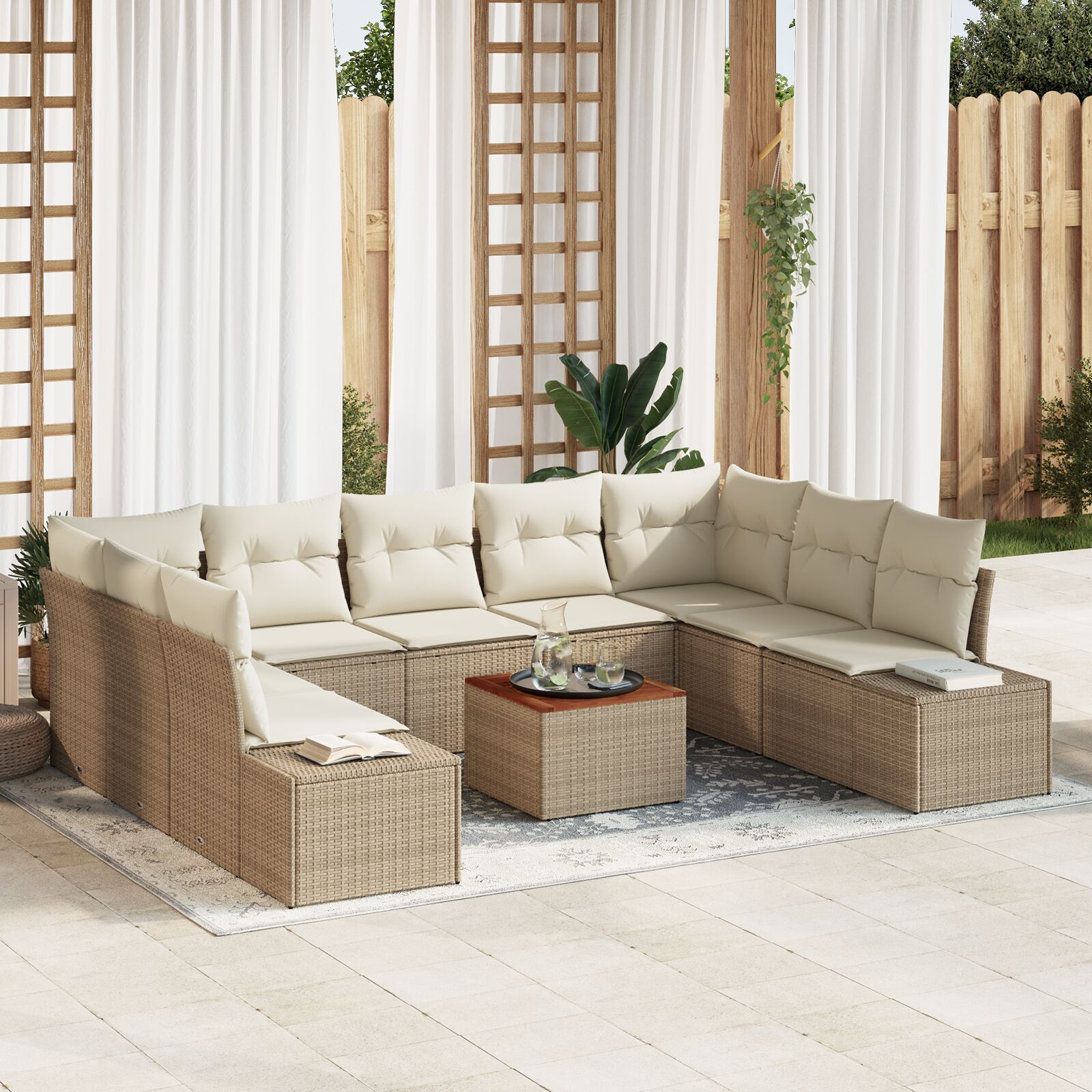 10-teiliges Garten Sofa Set mit Kissen Beige Poly Rattan Akazie 10-teiliges Garten Sofa Set mit Kissen Beige Poly Rattan Akazie