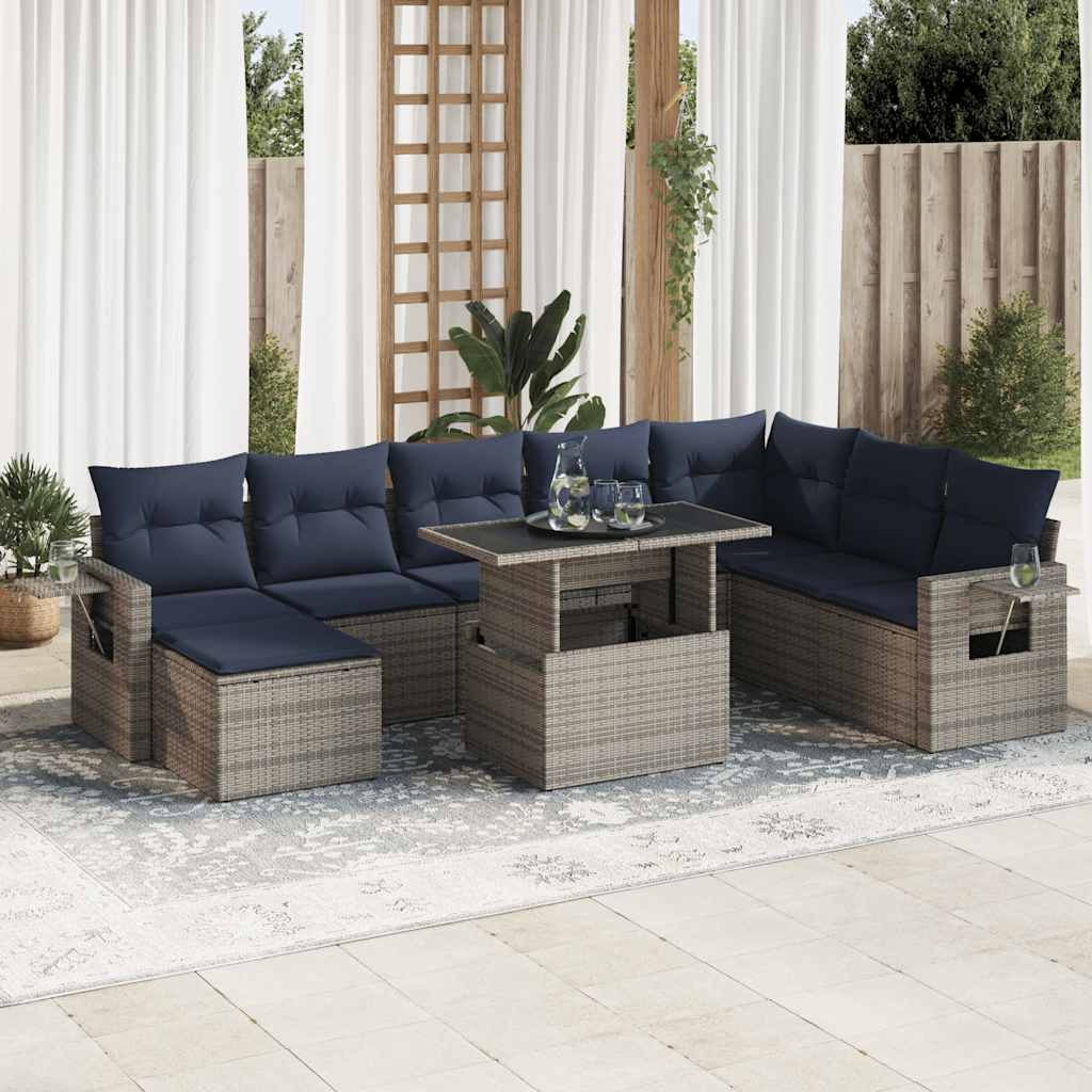 9-tlg. Garten-Sofagarnitur mit Kissen Grau Poly Rattan Akazie 9-tlg. Garten-Sofagarnitur mit Kissen Grau Poly Rattan Akazie