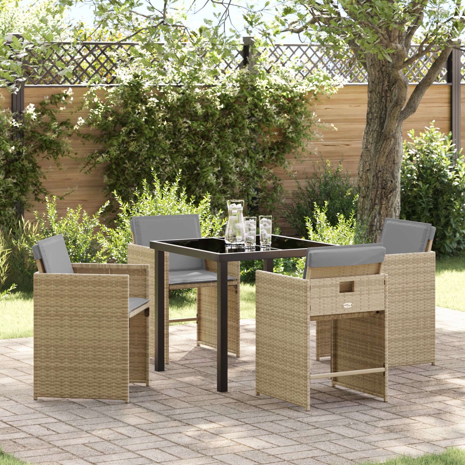 5-teiliges Garten-Ess-Set mit Kissen in Beige aus Poly Rattan