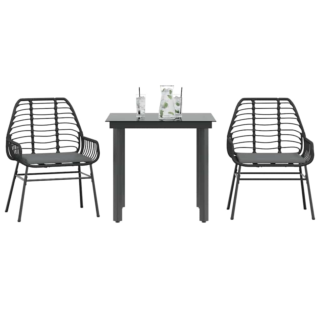 vidaXL 3-tlg. Garten-Essgruppe mit Kissen Schwarz Poly Rattan Glas