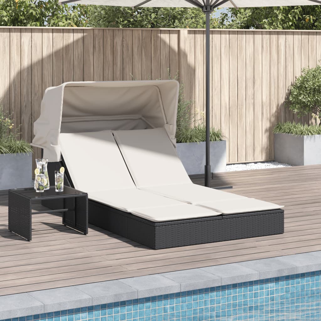 Doppel-Sonnenliege mit Dach und Auflagen Schwarz Poly Rattan Doppel-Sonnenliege mit Dach und Auflagen Schwarz Poly Rattan
