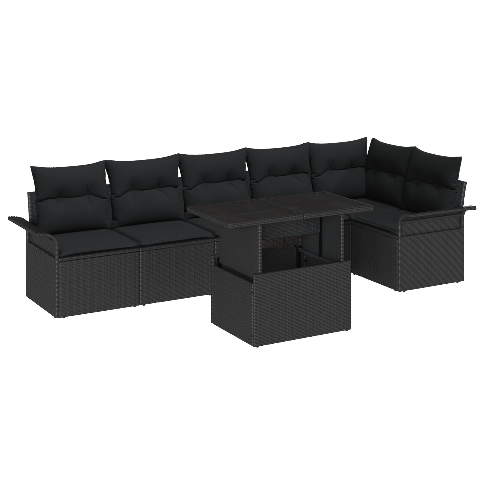 7-teiliges Gartensofa-Set mit Kissen Schwarz Poly Rattan, 2-Sitzer Gartensofa mit Stauraum & Kissen Schwarz Poly Rattan