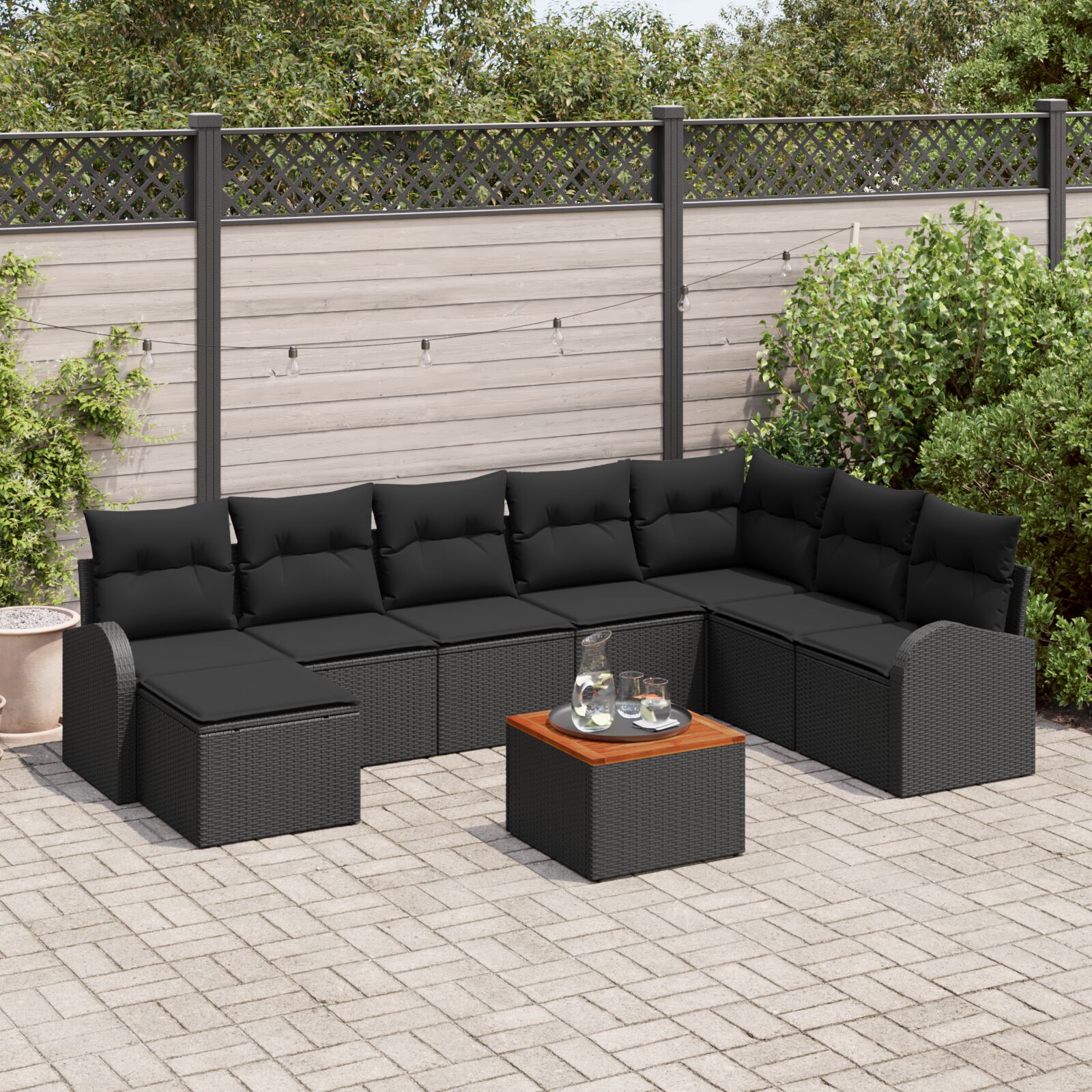 9-teilige Garten-Sofa-Set mit Kissen Schwarz Poly Rattan Akazie 9-teilige Garten-Sofa-Set mit Kissen Schwarz Poly Rattan Akazie