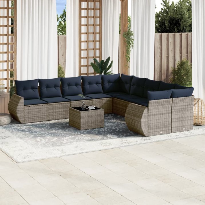 11-teiliges Gartensofa-Set mit Kissen, grau, Polyrattan 11-teiliges Gartensofa-Set mit Kissen, grau, Polyrattan