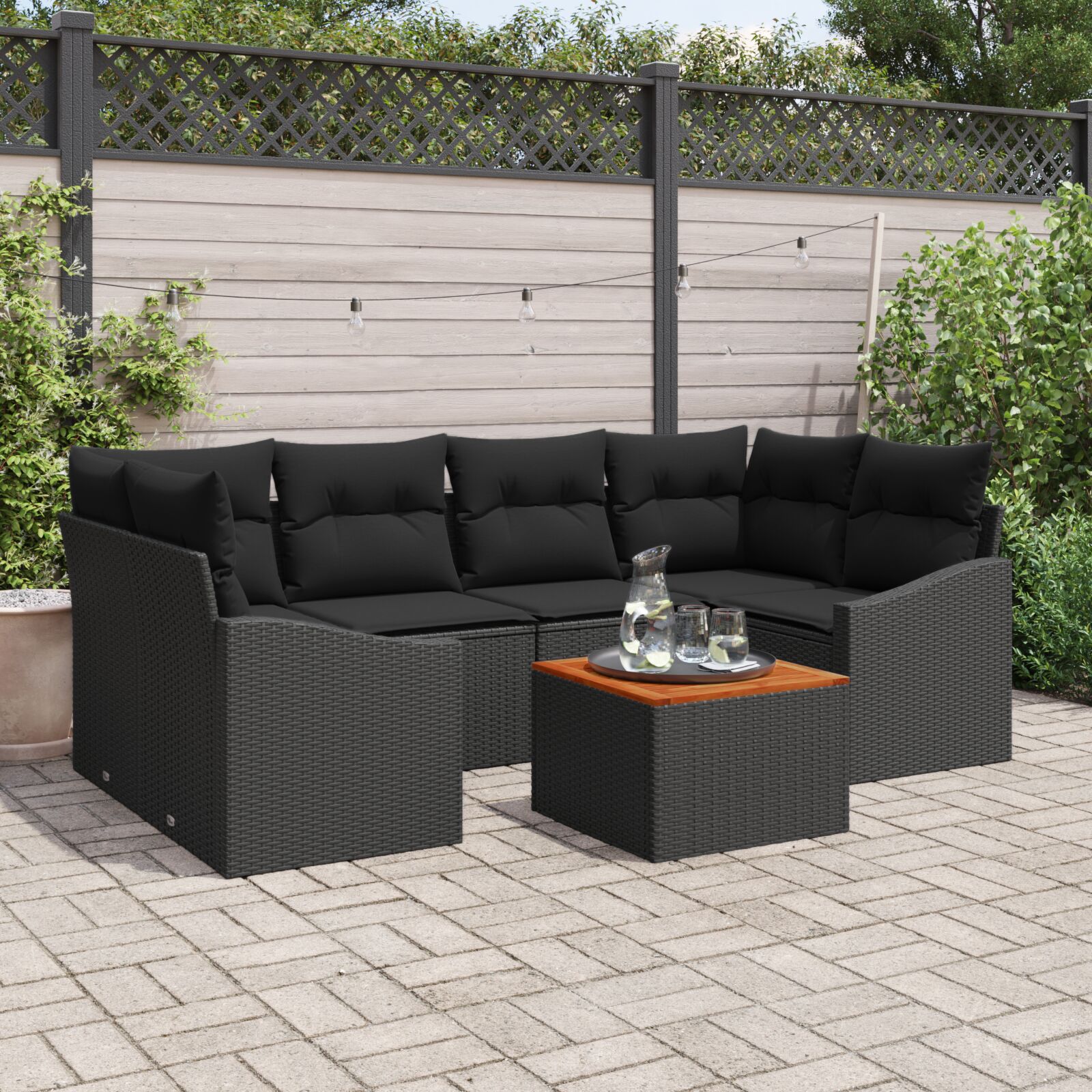 7-teiliges Garten-Sofa-Set mit Kissen Schwarz Poly-Rattan Akazie