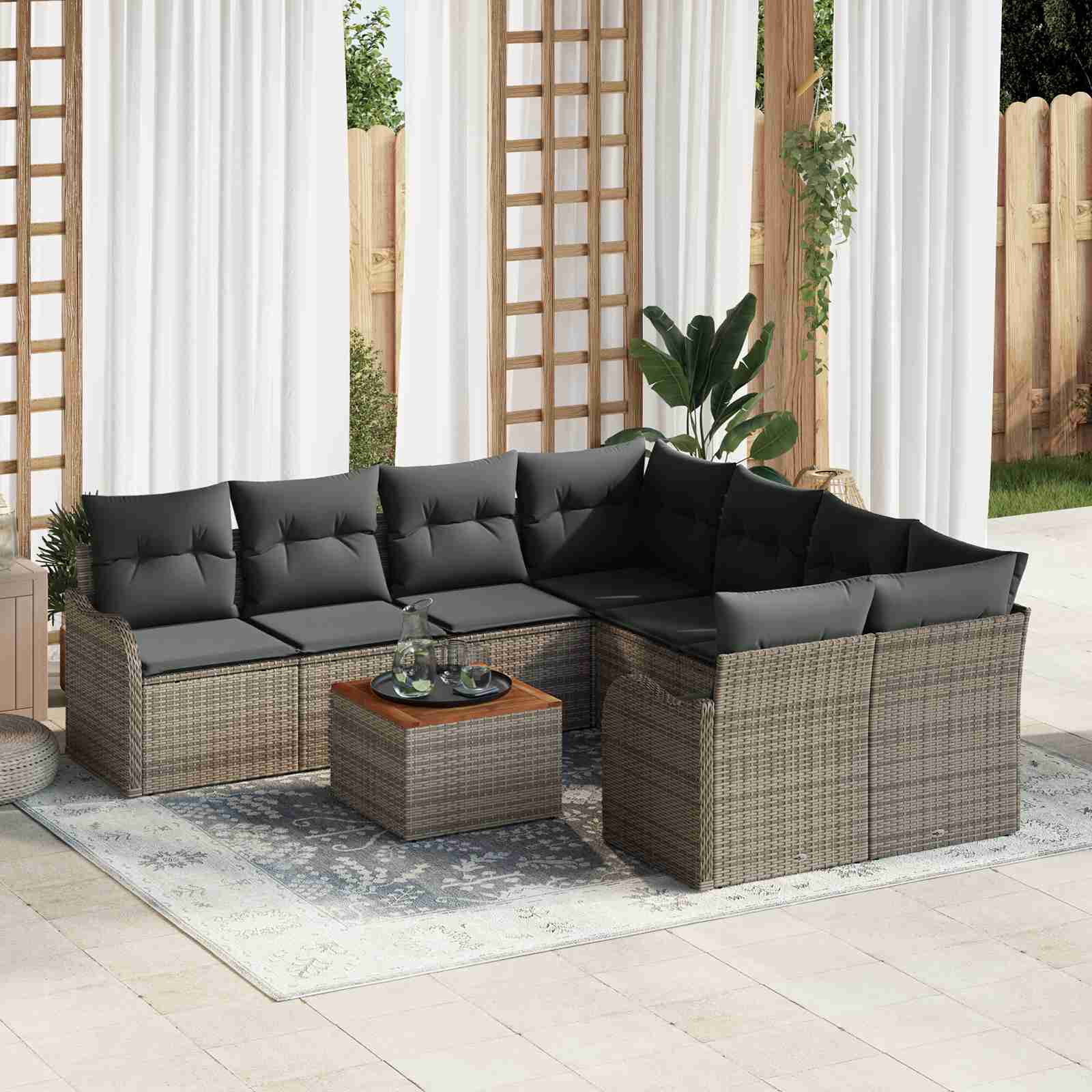 9-teilige Garten Sofa Set mit Kissen Grau Poly Rattan Akazie 9-teilige Garten Sofa Set mit Kissen Grau Poly Rattan Akazie