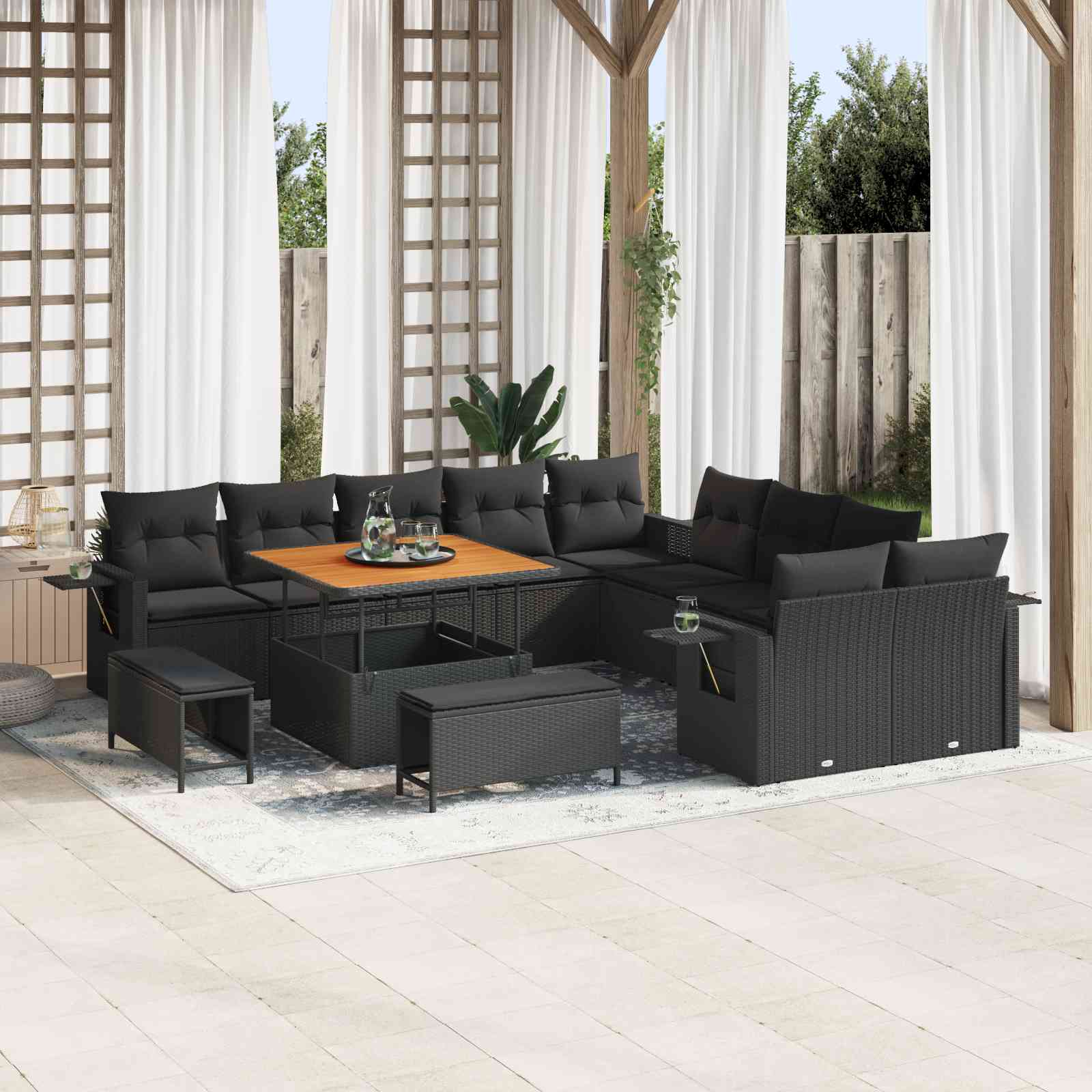 13-teilige Garten-Sofa-Gruppe mit Kissen Schwarz Poly Rattan Akazie