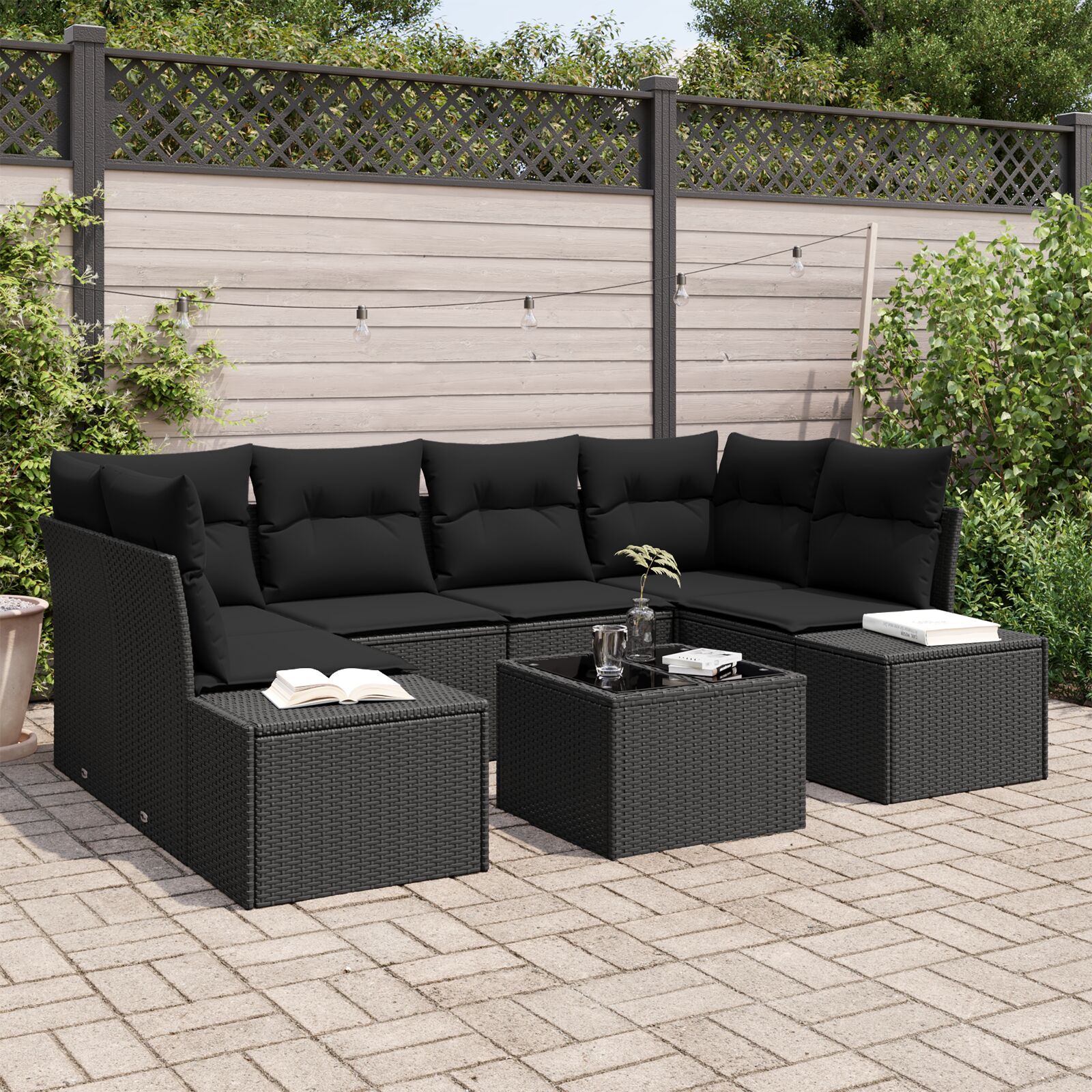 7-teiliges Garten Sofa Set mit Kissen Schwarz Poly Rattan