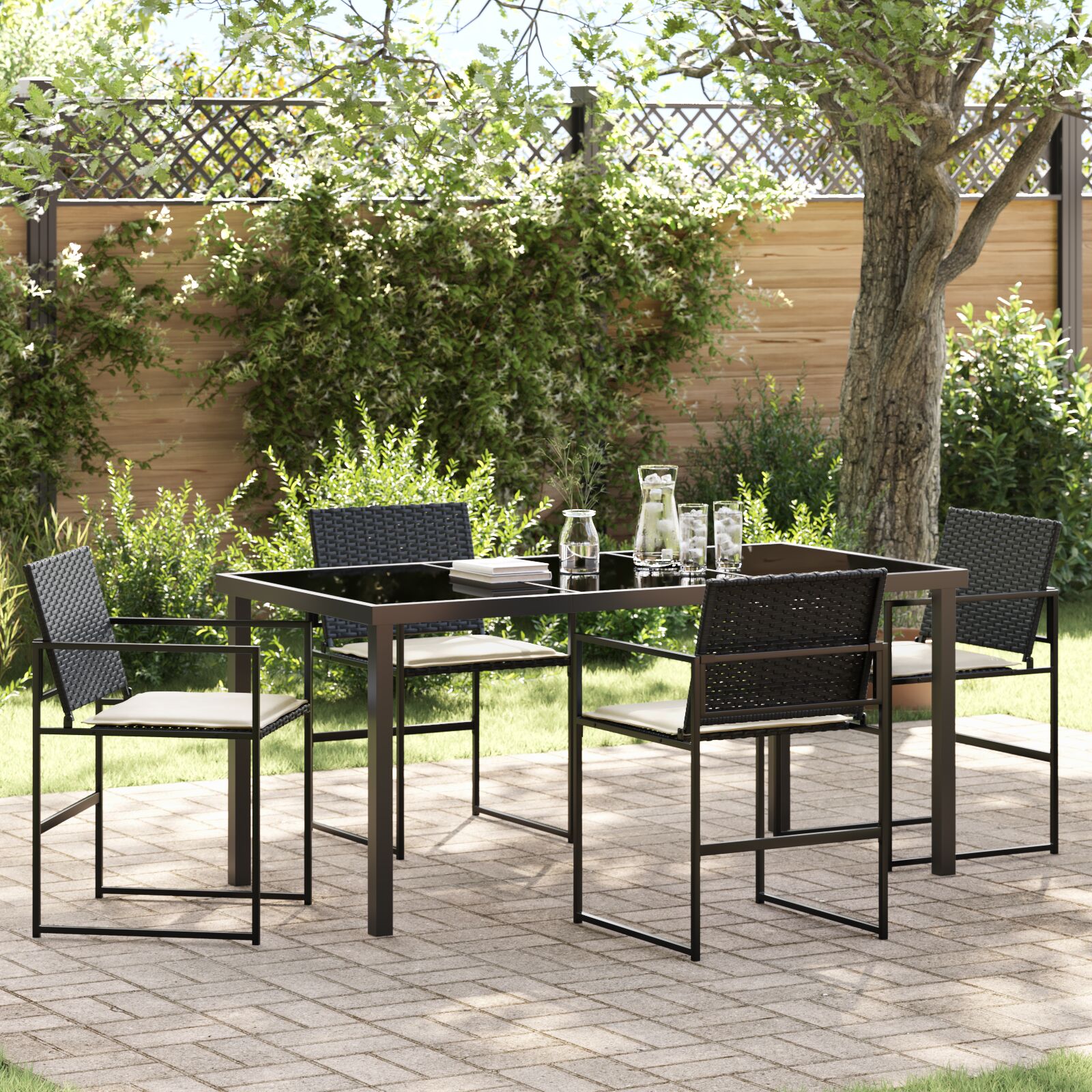5-teiliges Garten-Esszimmerset mit Kissen Schwarz Poly-Rattan 5-teiliges Garten-Esszimmerset mit Kissen Schwarz Poly-Rattan