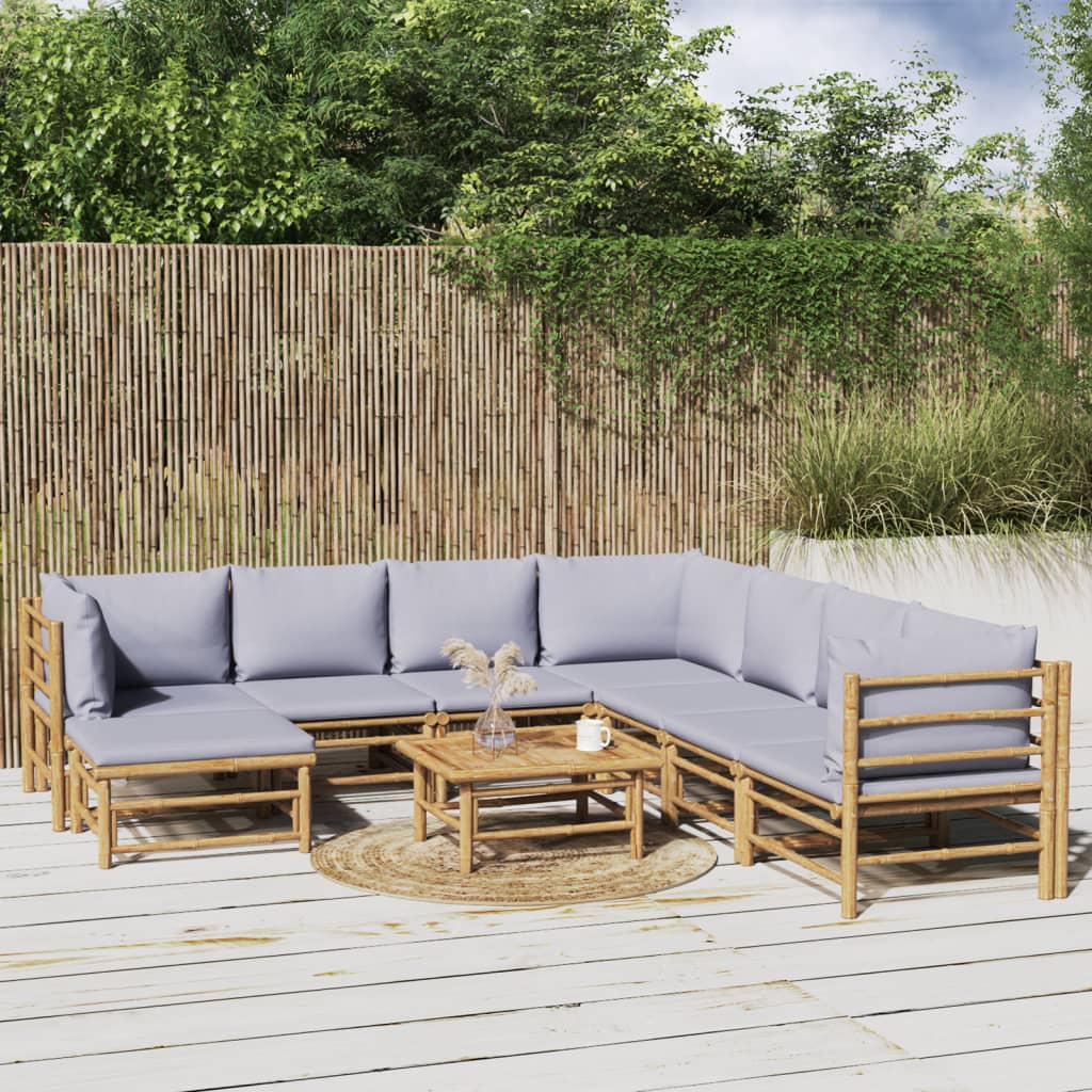 9-tlg. Garten-Lounge-Set mit Kissen Hellgrau Bambus