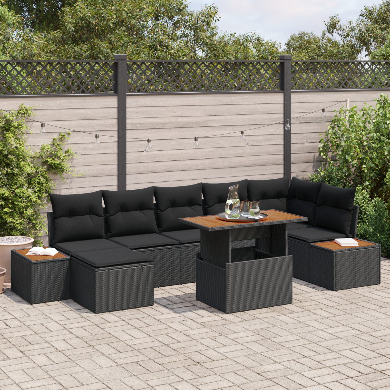 8-teiliges Garten Esszimmer Set mit Kissen Schwarz Poly Rattan Akazie 8-teiliges Garten Esszimmer Set mit Kissen Schwarz Poly Rattan Akazie