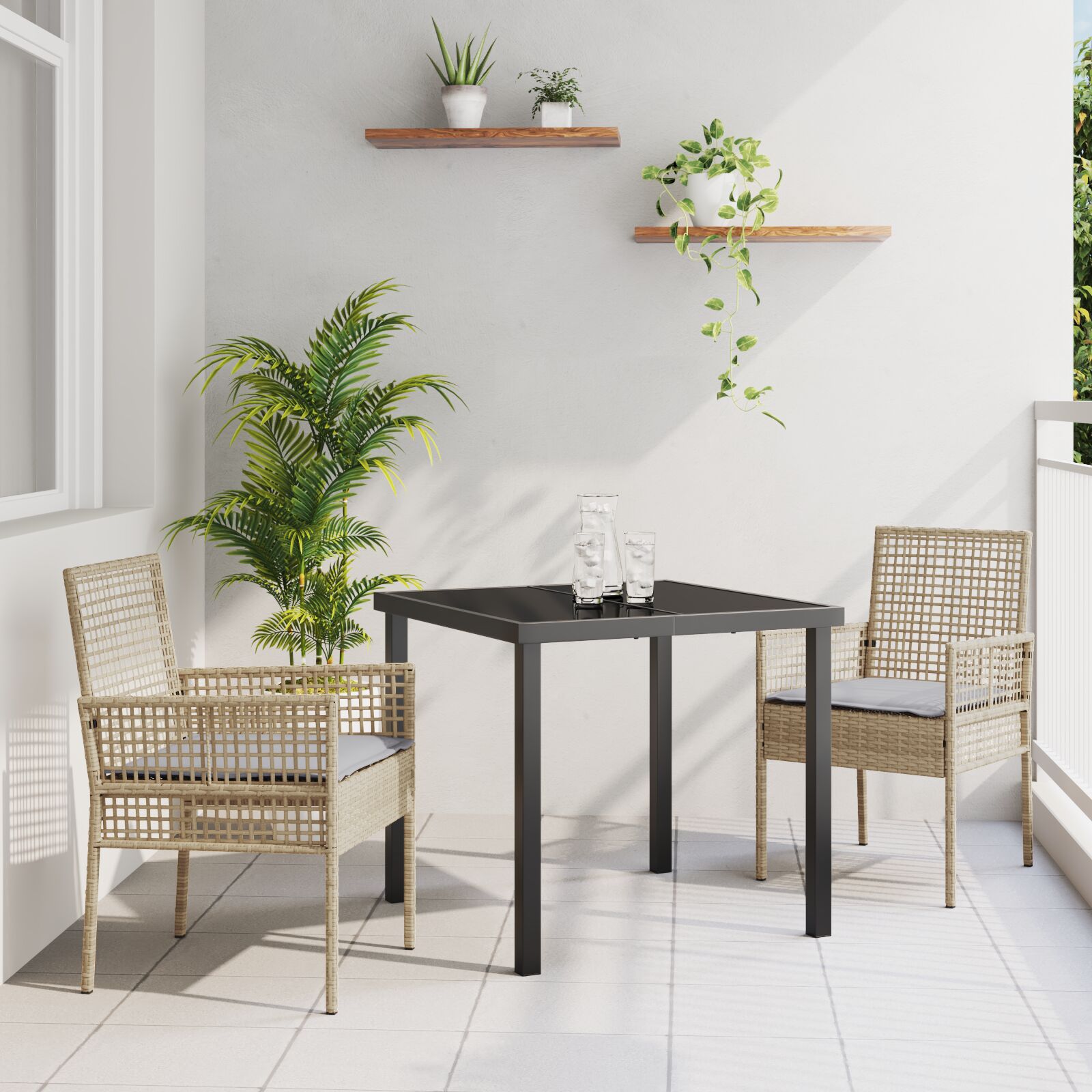 3-teiliges Garten Essgruppe mit Kissen – Beiges Poly Rattan 3-teiliges Garten Essgruppe mit Kissen – Beiges Poly Rattan