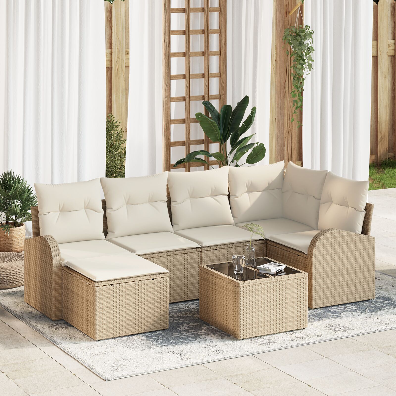 7-teiliges Garten-Sofa-Set mit Kissen Braun Poly-Rattan