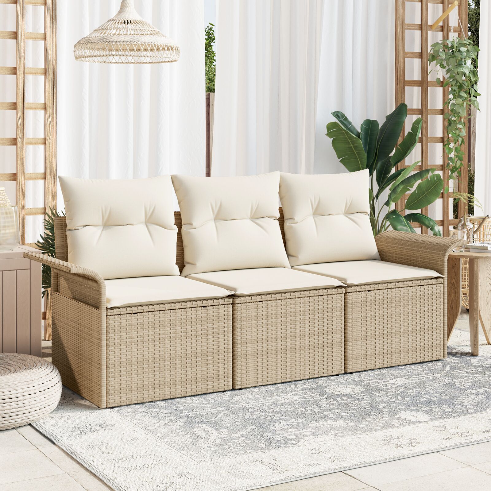 3-teiliges Garten Sofa Set mit Kissen Beige Poly Rattan, 2-Sitzer Garten Sofa mit Stauraum & Kissen Beige Poly Rattan 3-teiliges Garten Sofa Set mit Kissen Beige Poly Rattan, 2-Sitzer Garten Sofa mit Stauraum & Kissen Beige Poly Rattan