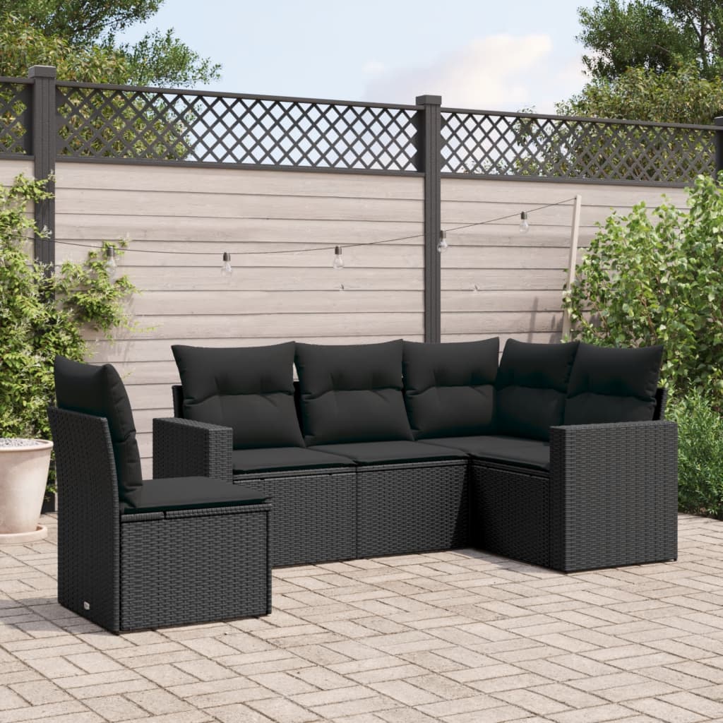5-tlg. Garten-Sofagarnitur mit Kissen Schwarz Poly Rattan 5-tlg. Garten-Sofagarnitur mit Kissen Schwarz Poly Rattan