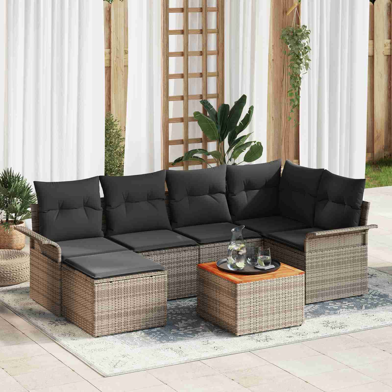 7-teiliges Garten-Sofa-Set mit Kissen Grau Poly Rattan Akazie 7-teiliges Garten-Sofa-Set mit Kissen Grau Poly Rattan Akazie